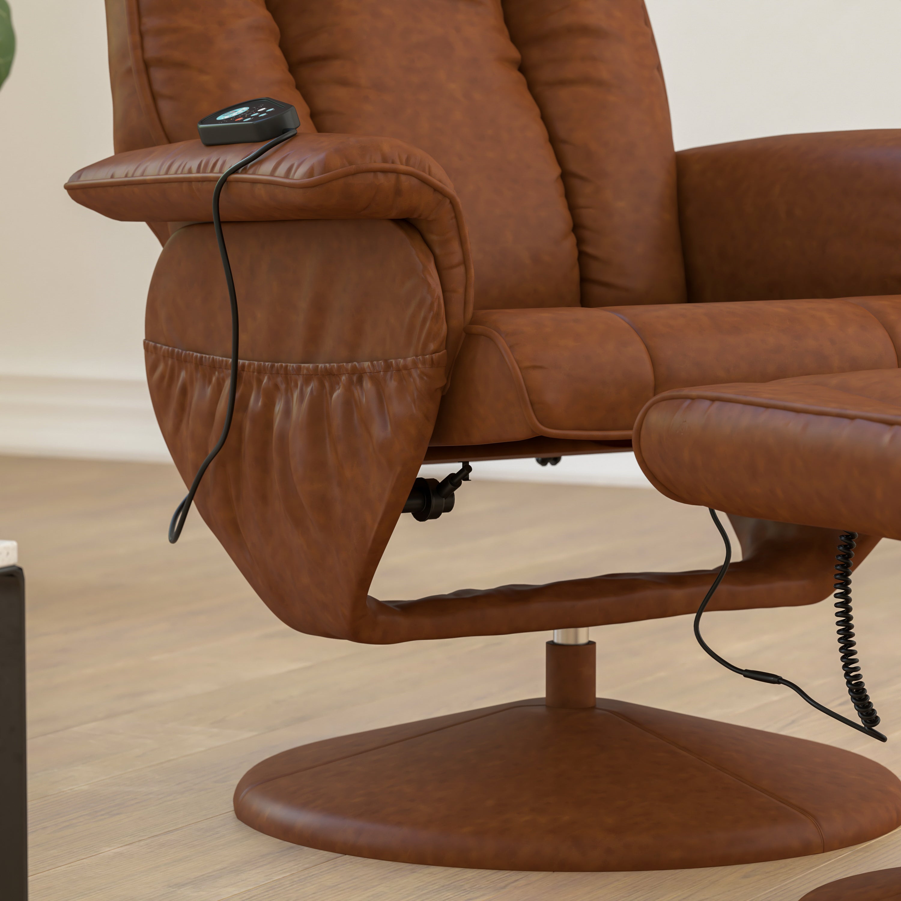 Hall Massaging Heat Controlled Adjustable Recliner and Ottoman with Wrapped Base in Brown LeatherSoft