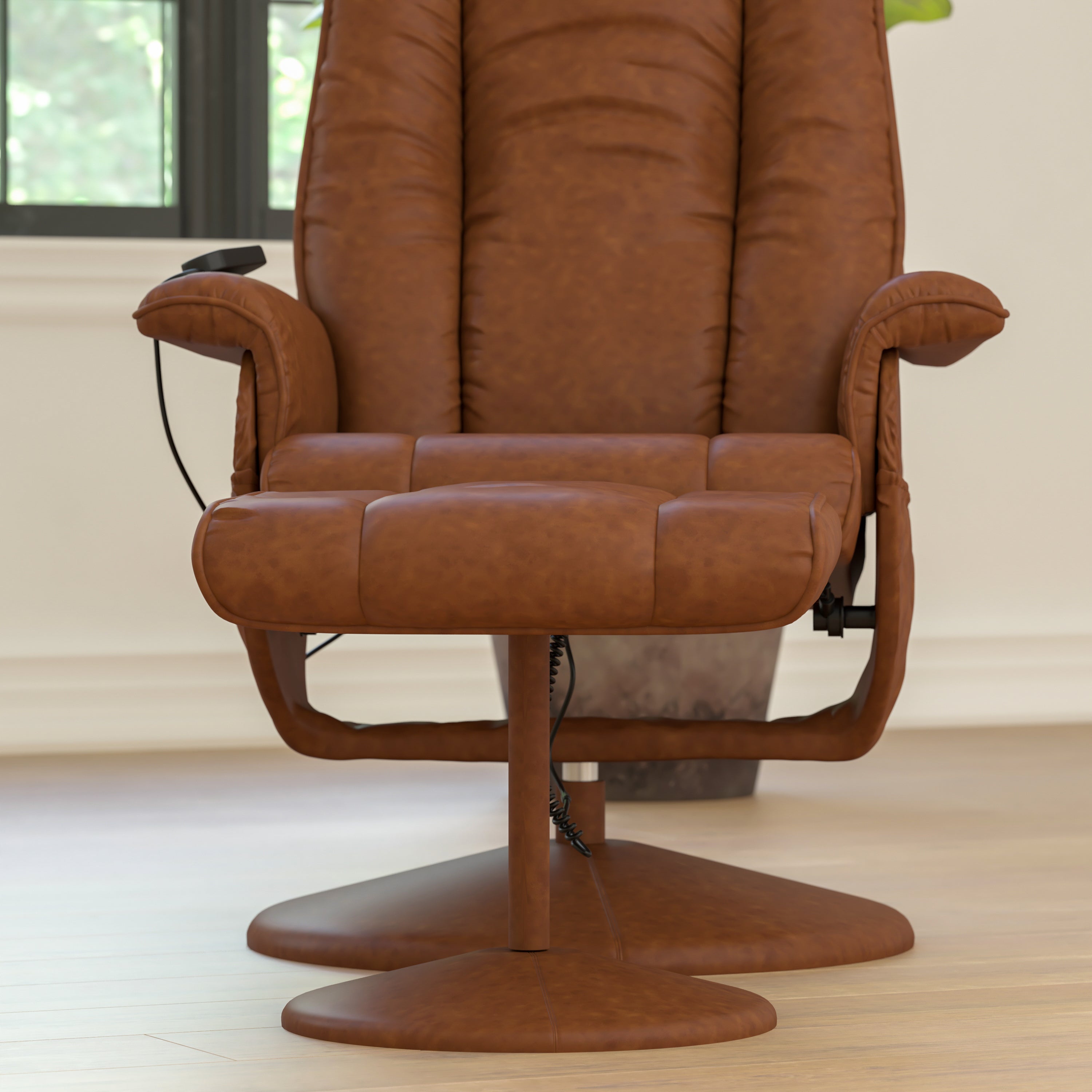 Hall Massaging Heat Controlled Adjustable Recliner and Ottoman with Wrapped Base in Brown LeatherSoft