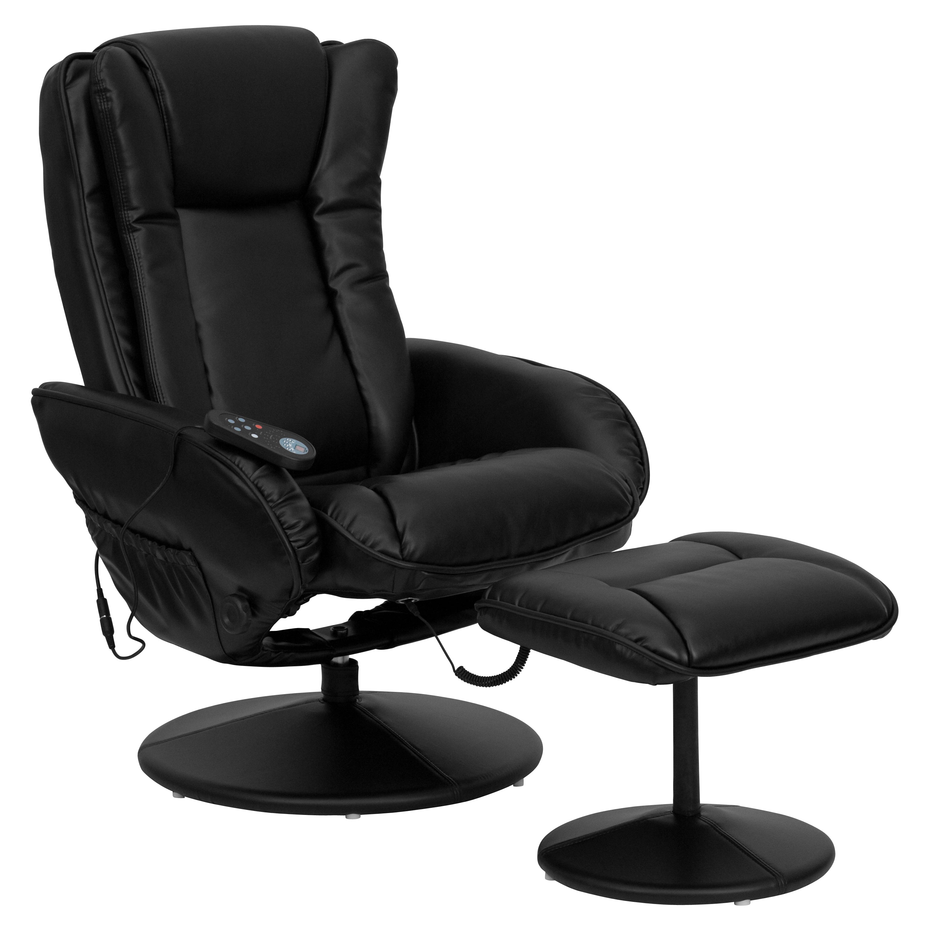 Poppy Massaging Multi-Position Plush Recliner with Side Pocket and Ottoman in Black LeatherSoft