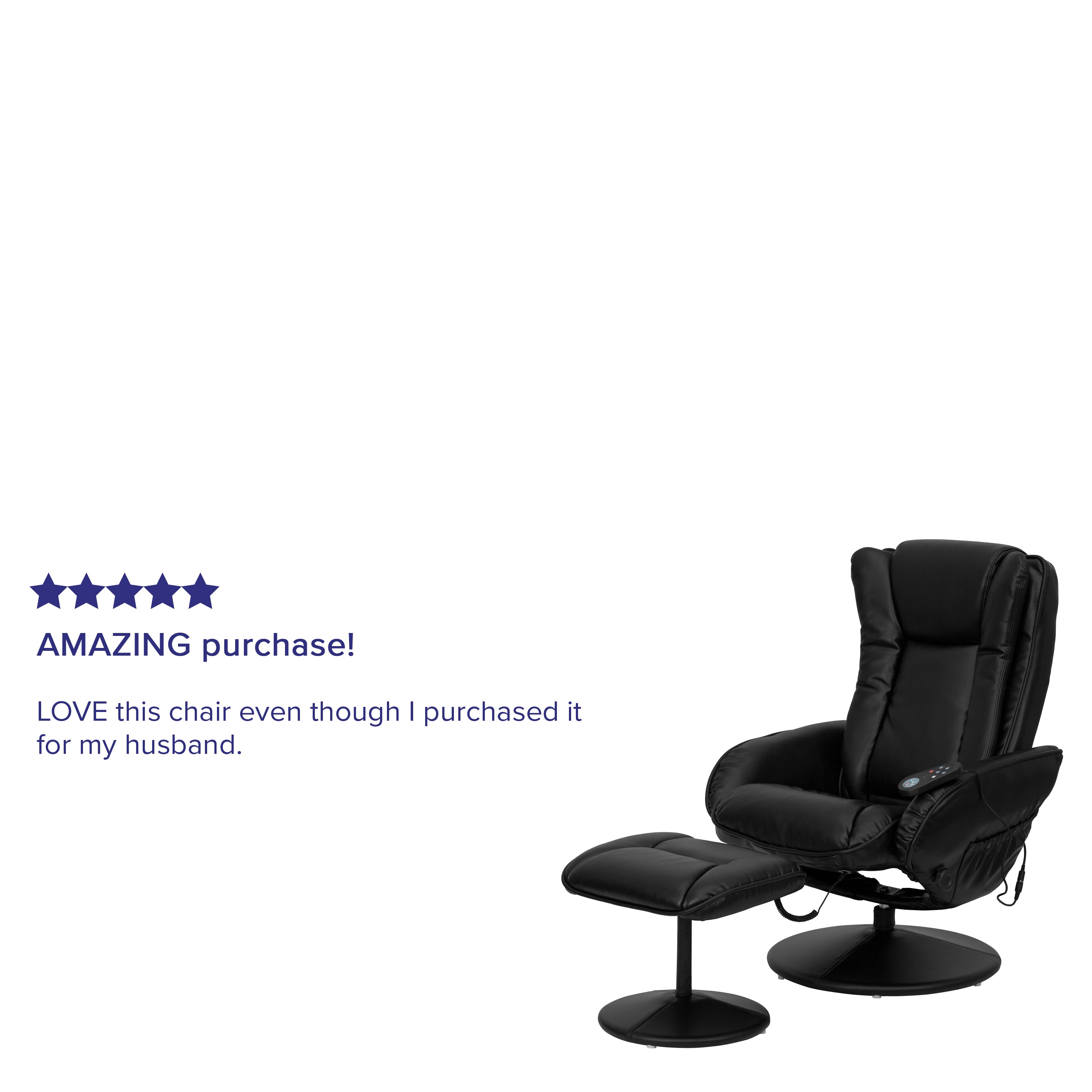 Poppy Massaging Multi-Position Plush Recliner with Side Pocket and Ottoman in Black LeatherSoft