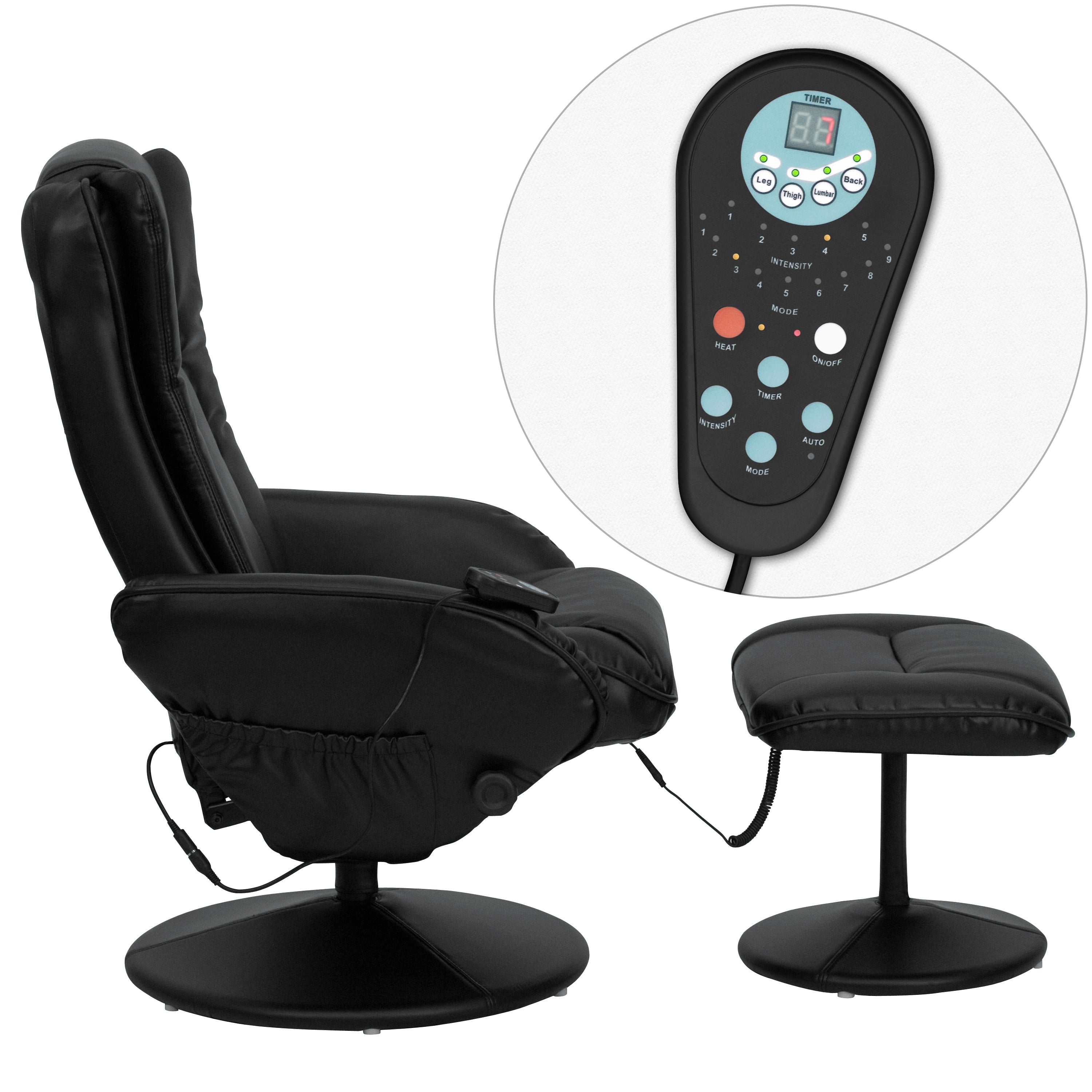 Poppy Massaging Multi-Position Plush Recliner with Side Pocket and Ottoman in Black LeatherSoft