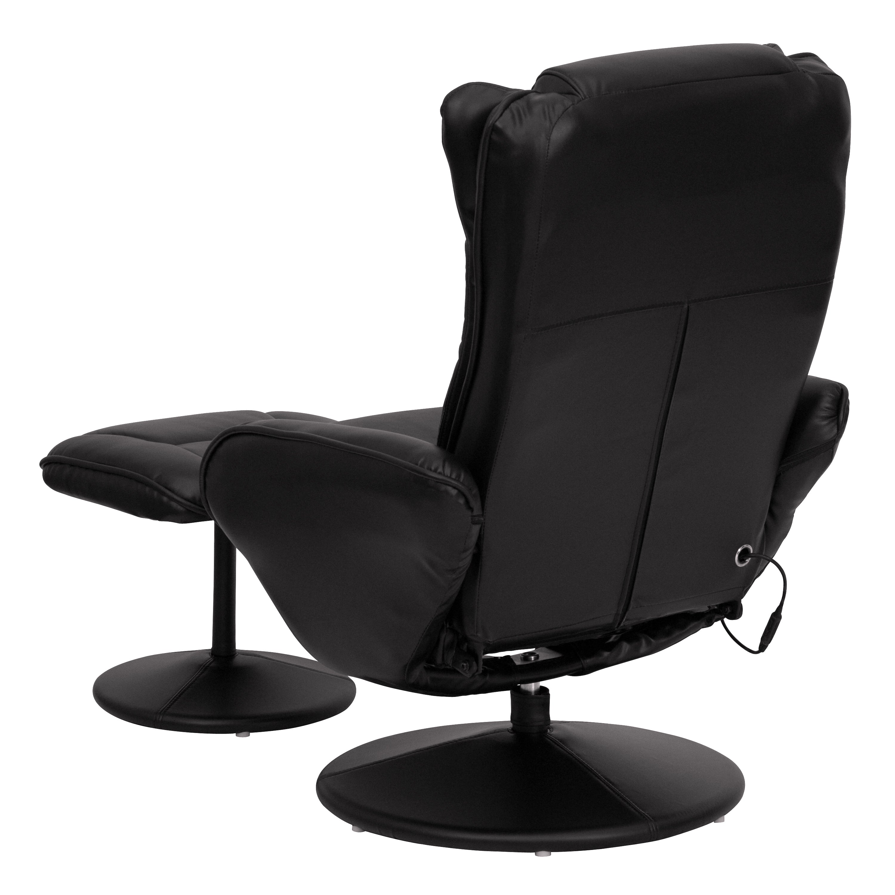 Poppy Massaging Multi-Position Plush Recliner with Side Pocket and Ottoman in Black LeatherSoft