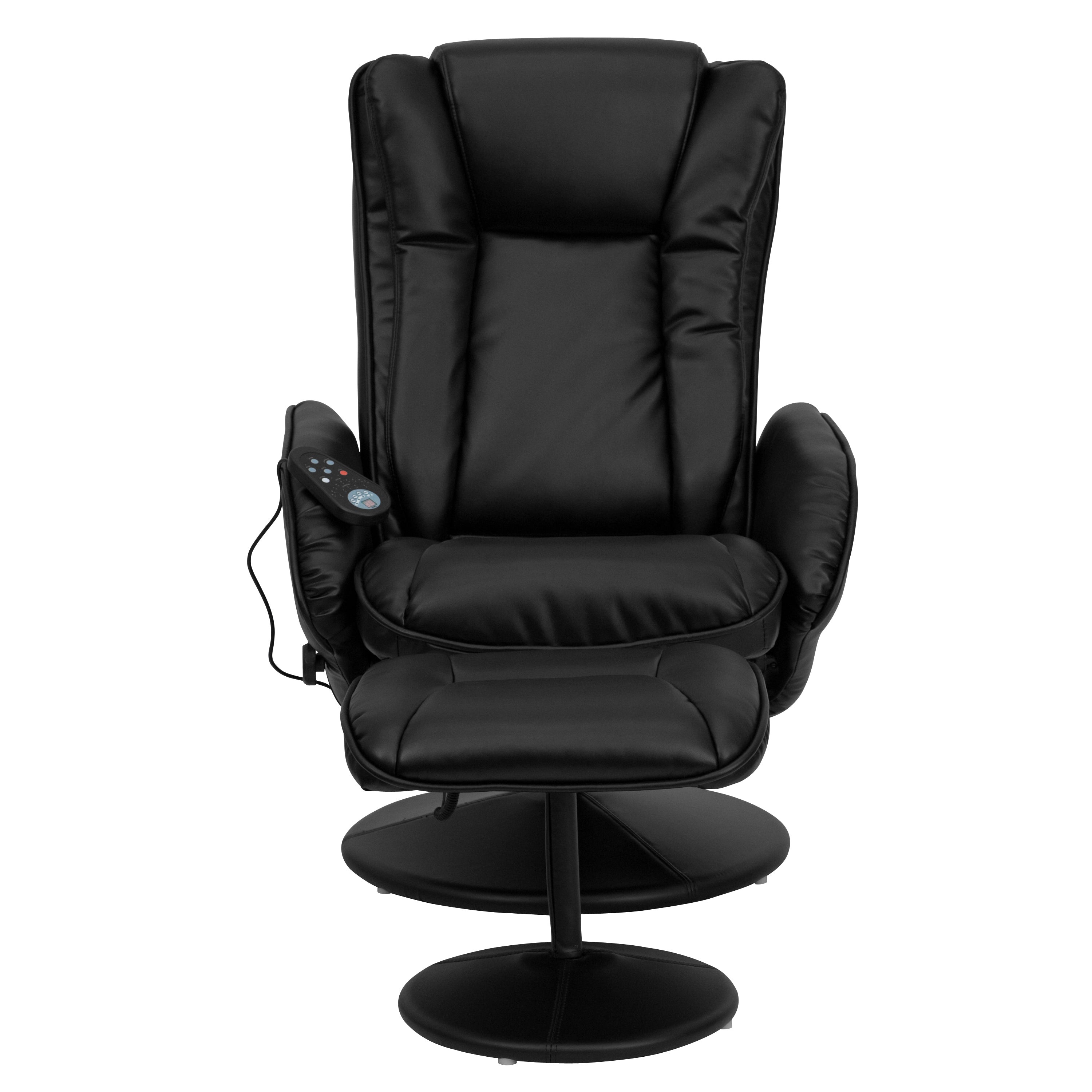 Poppy Massaging Multi-Position Plush Recliner with Side Pocket and Ottoman in Black LeatherSoft