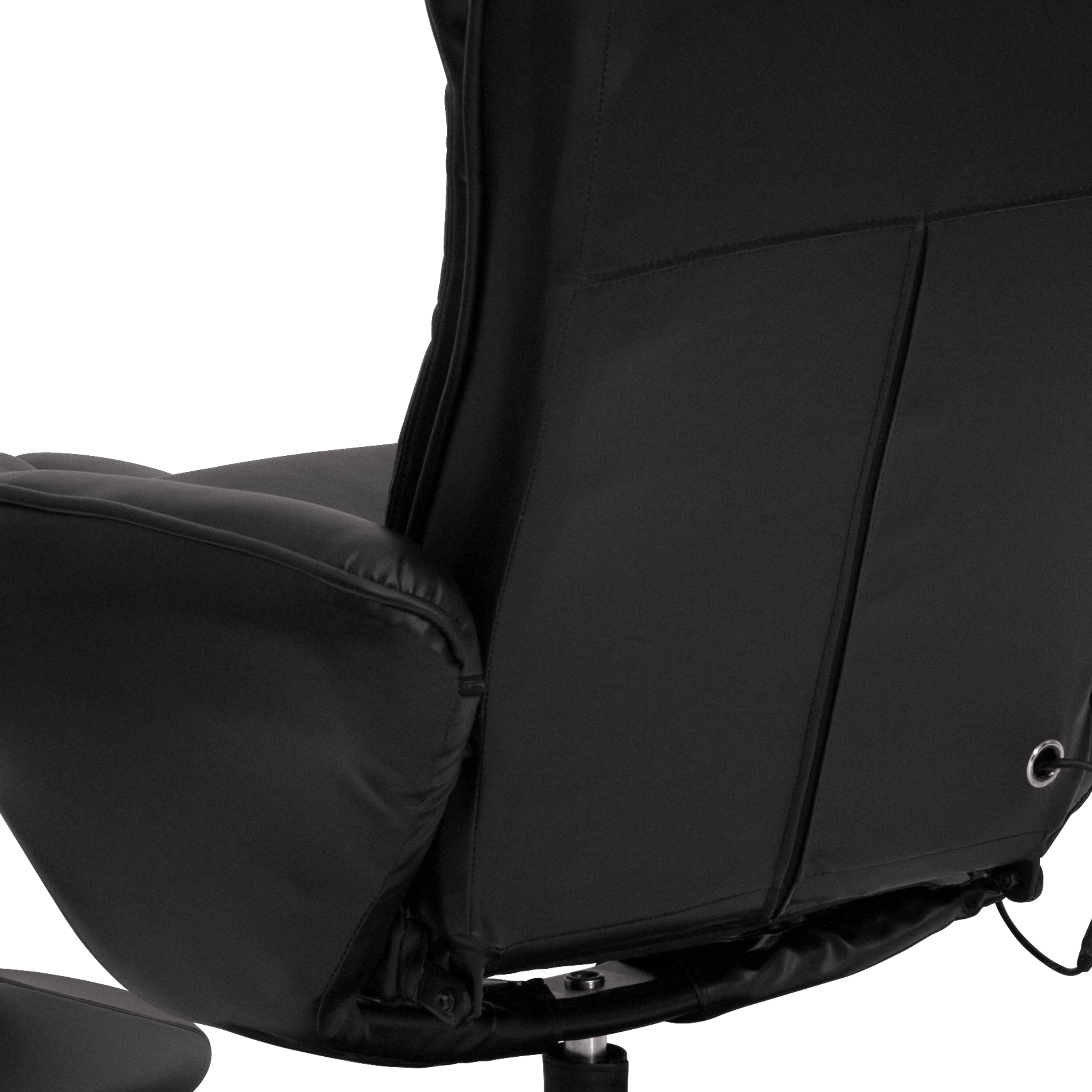 Poppy Massaging Multi-Position Plush Recliner with Side Pocket and Ottoman in Black LeatherSoft