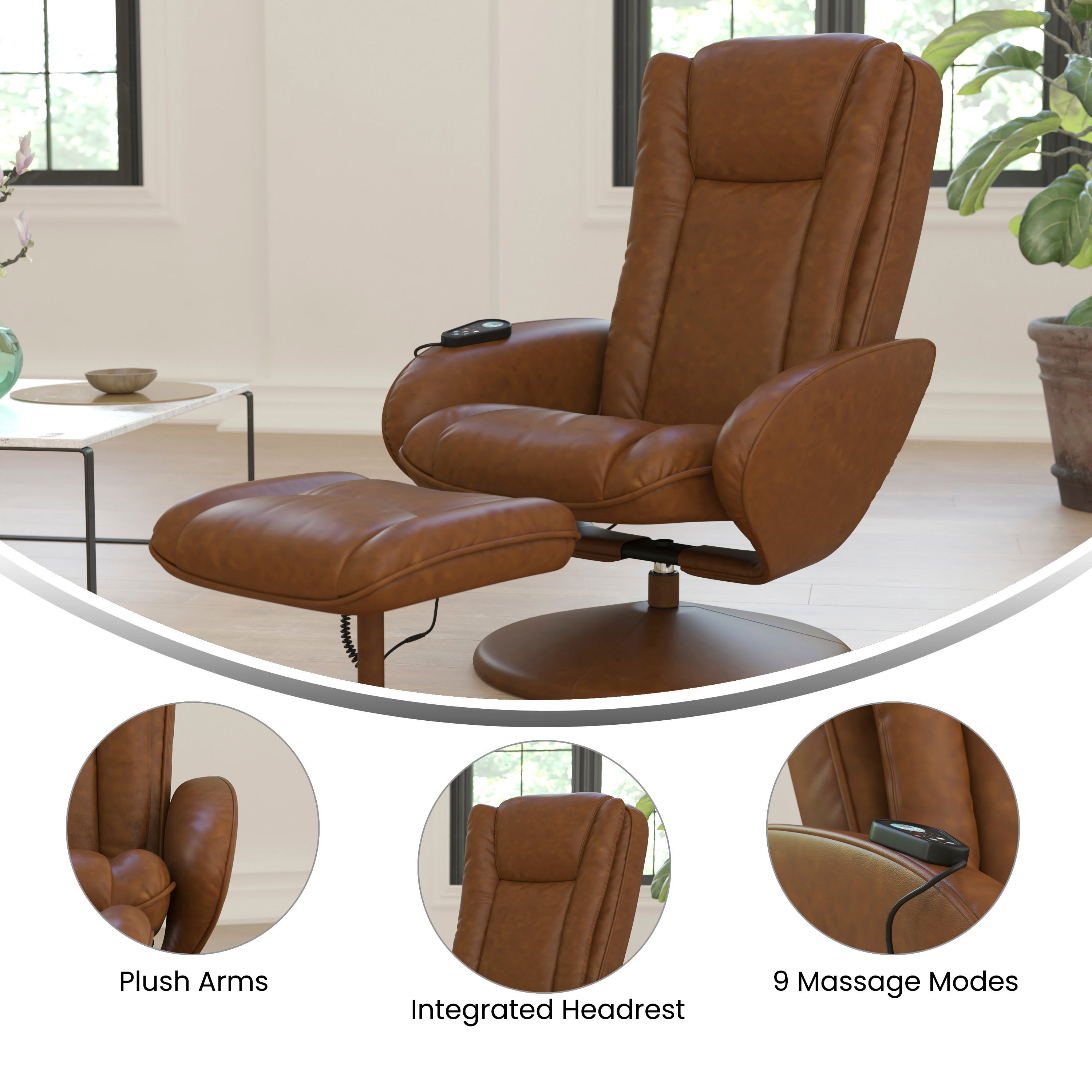Poppy Massaging Multi-Position Plush Recliner with Side Pocket and Ottoman in Brown LeatherSoft