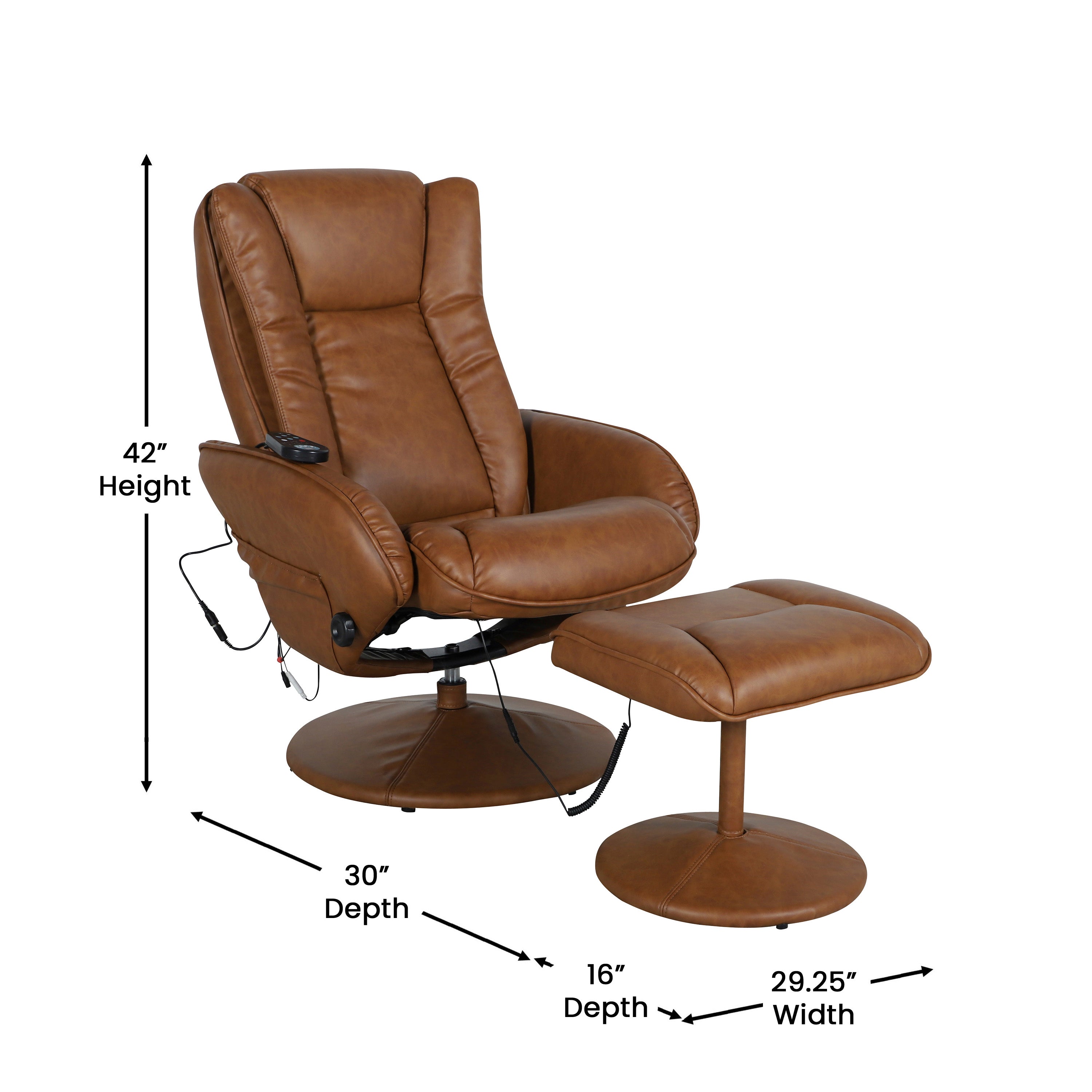 Poppy Massaging Multi-Position Plush Recliner with Side Pocket and Ottoman in Brown LeatherSoft