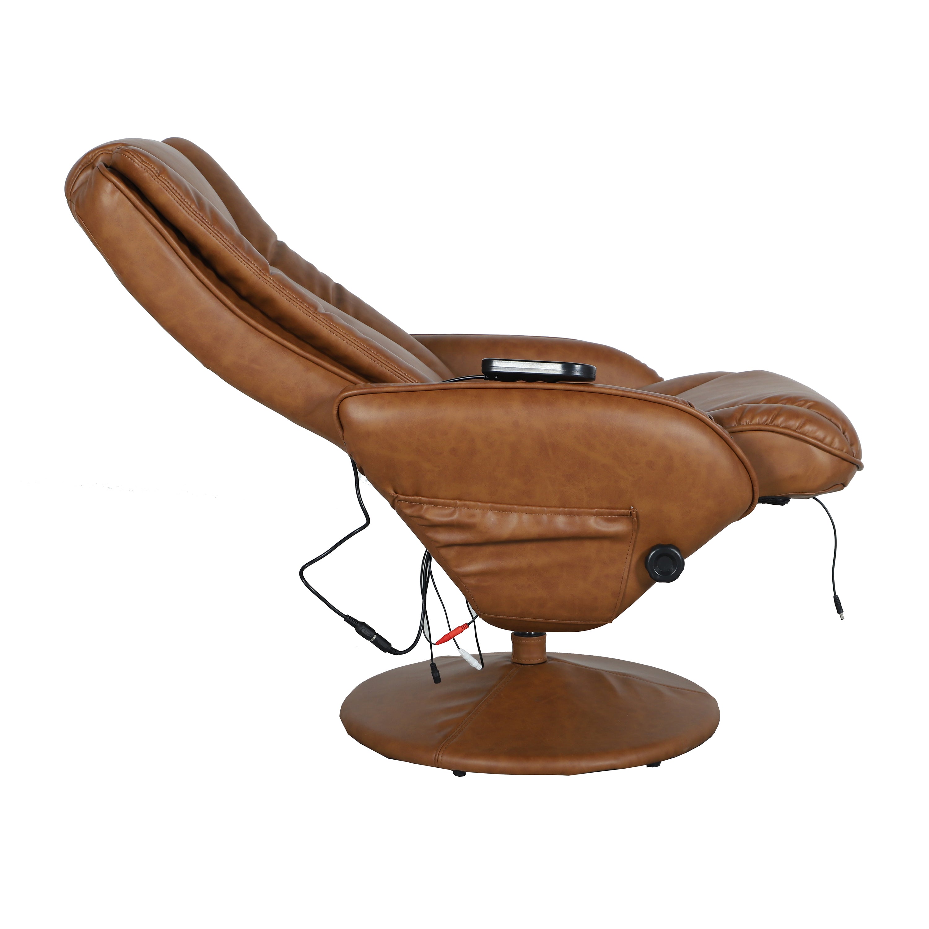 Poppy Massaging Multi-Position Plush Recliner with Side Pocket and Ottoman in Brown LeatherSoft