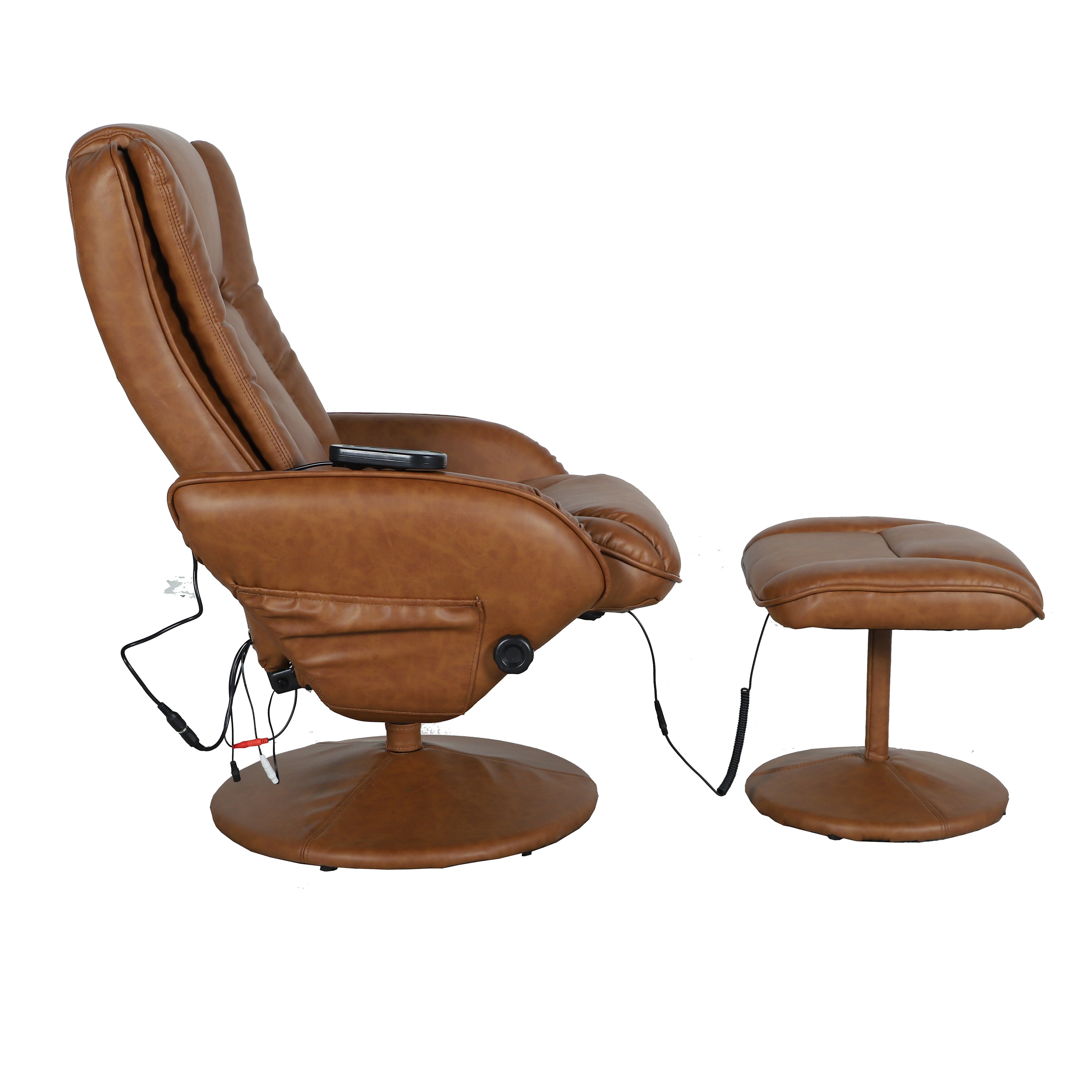 Poppy Massaging Multi-Position Plush Recliner with Side Pocket and Ottoman in Brown LeatherSoft