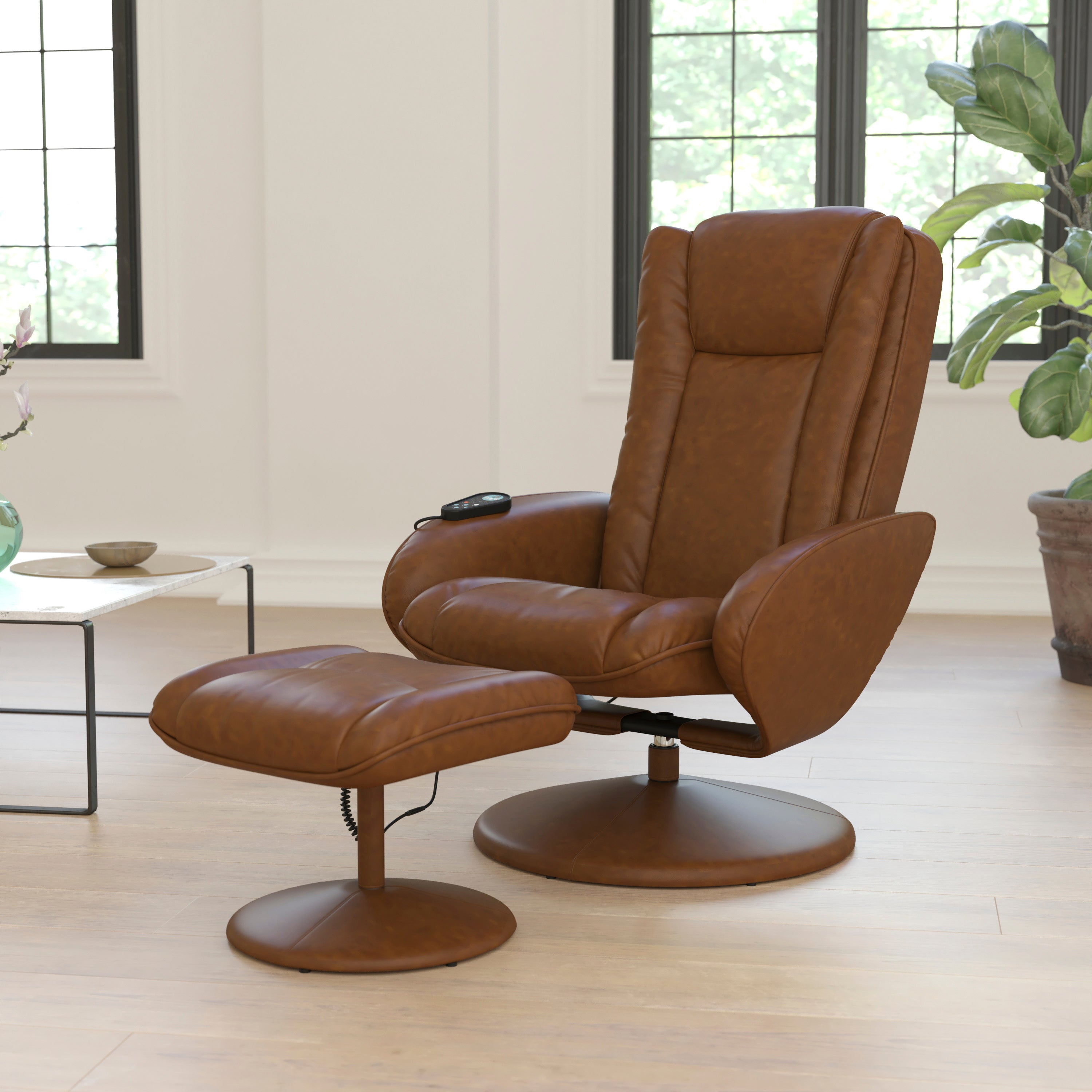 Poppy Massaging Multi-Position Plush Recliner with Side Pocket and Ottoman in Brown LeatherSoft