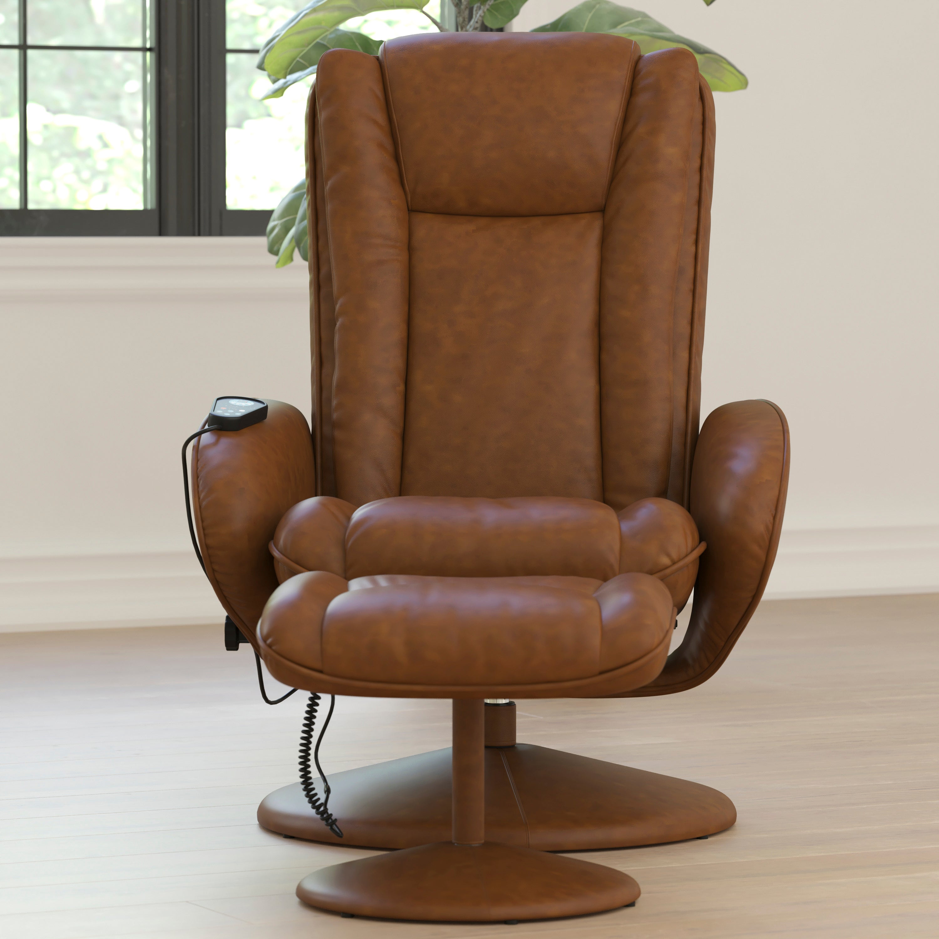 Poppy Massaging Multi-Position Plush Recliner with Side Pocket and Ottoman in Brown LeatherSoft