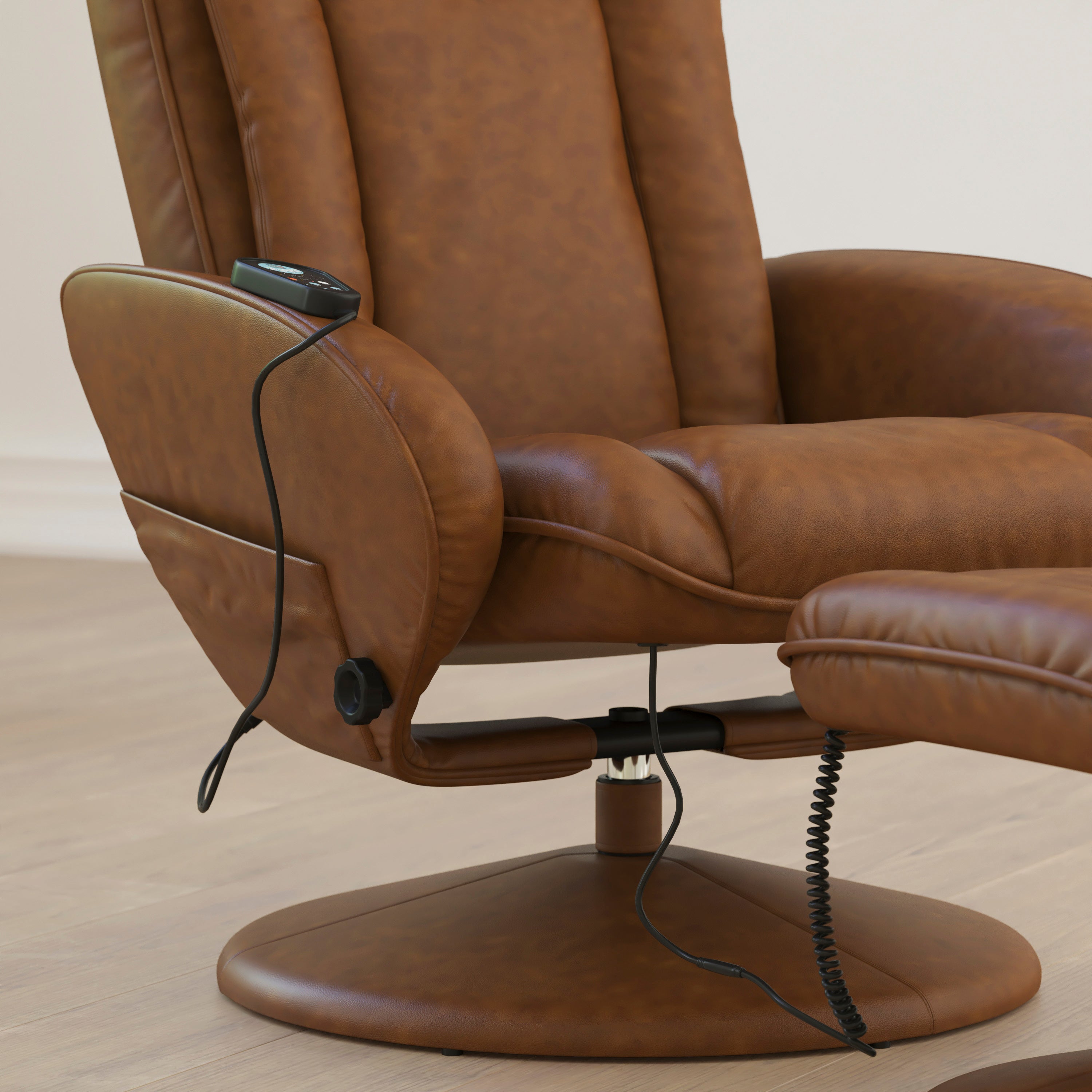 Poppy Massaging Multi-Position Plush Recliner with Side Pocket and Ottoman in Brown LeatherSoft