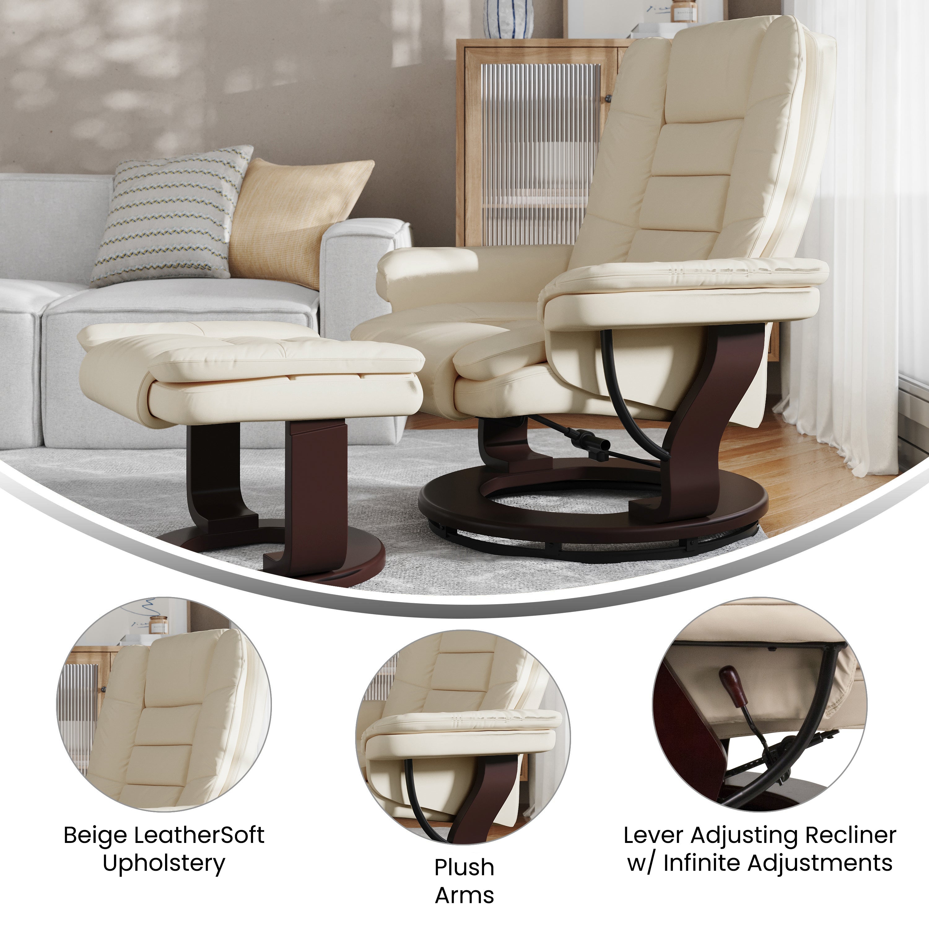 Bali Contemporary Multi-Position Recliner with Horizontal Stitching and Ottoman with Swivel Mahogany Wood Base in Beige LeatherSoft