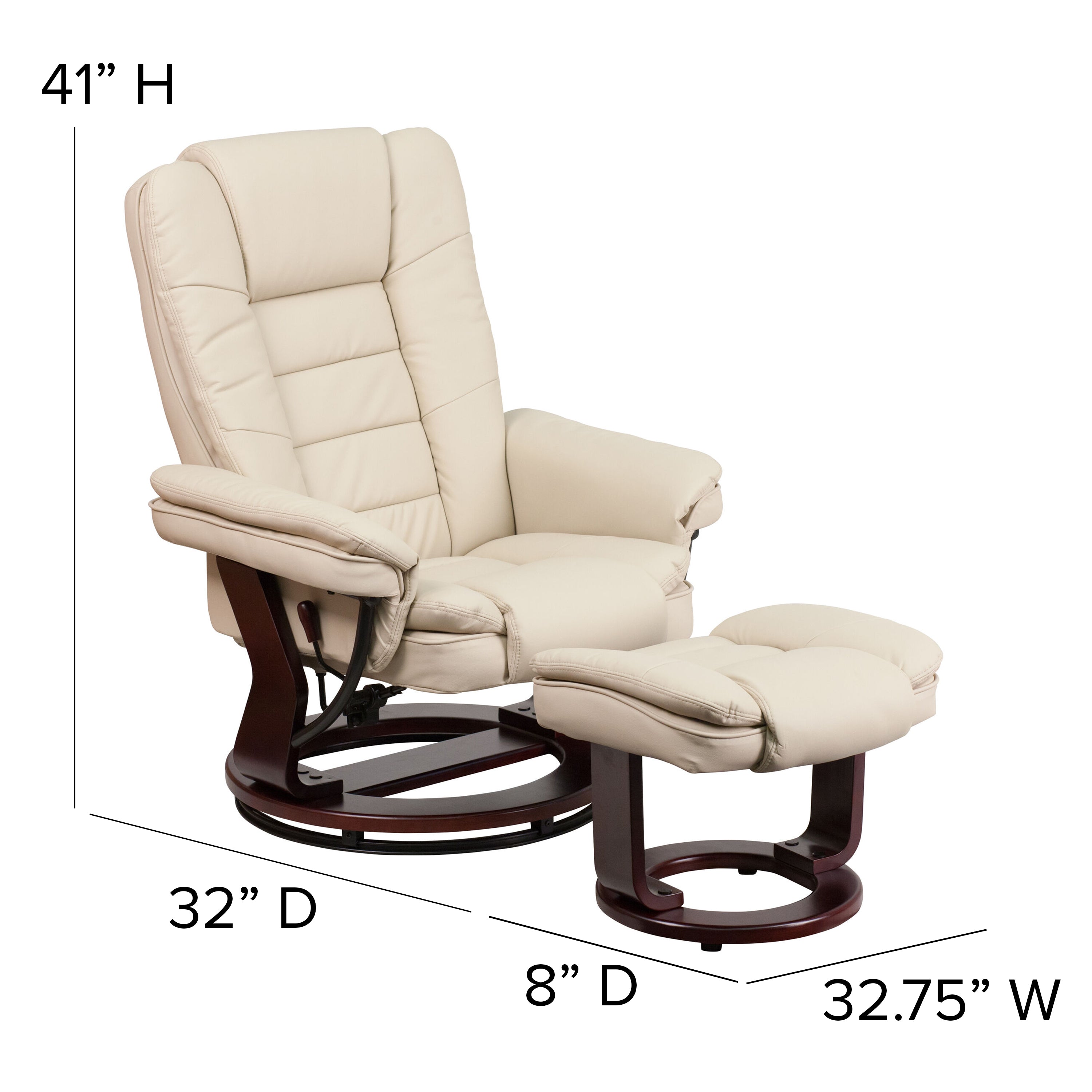 Bali Contemporary Multi-Position Recliner with Horizontal Stitching and Ottoman with Swivel Mahogany Wood Base in Beige LeatherSoft