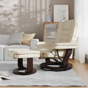 Bali Contemporary Multi-Position Recliner with Horizontal Stitching and Ottoman with Swivel Mahogany Wood Base in Beige LeatherSoft