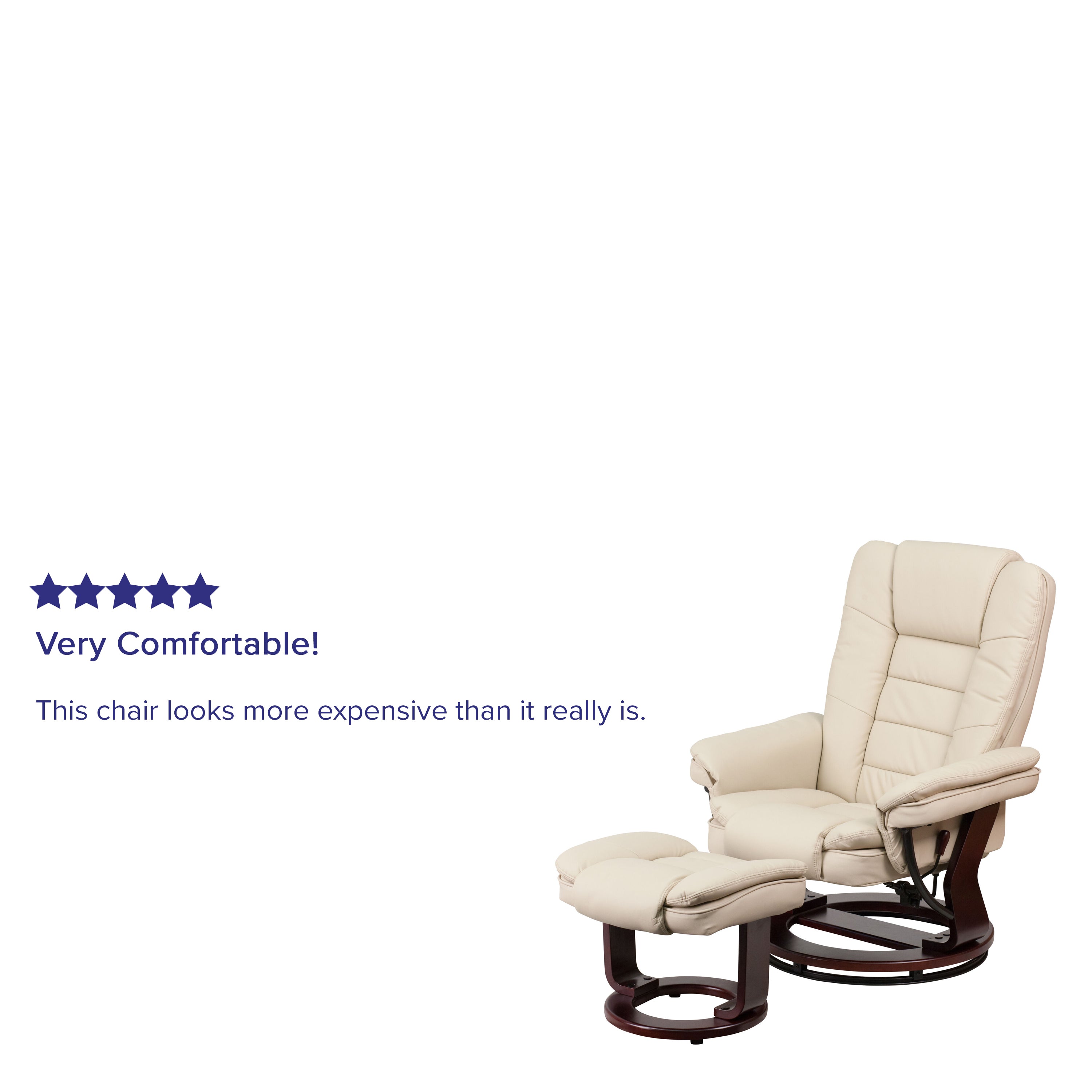 Bali Contemporary Multi-Position Recliner with Horizontal Stitching and Ottoman with Swivel Mahogany Wood Base in Beige LeatherSoft