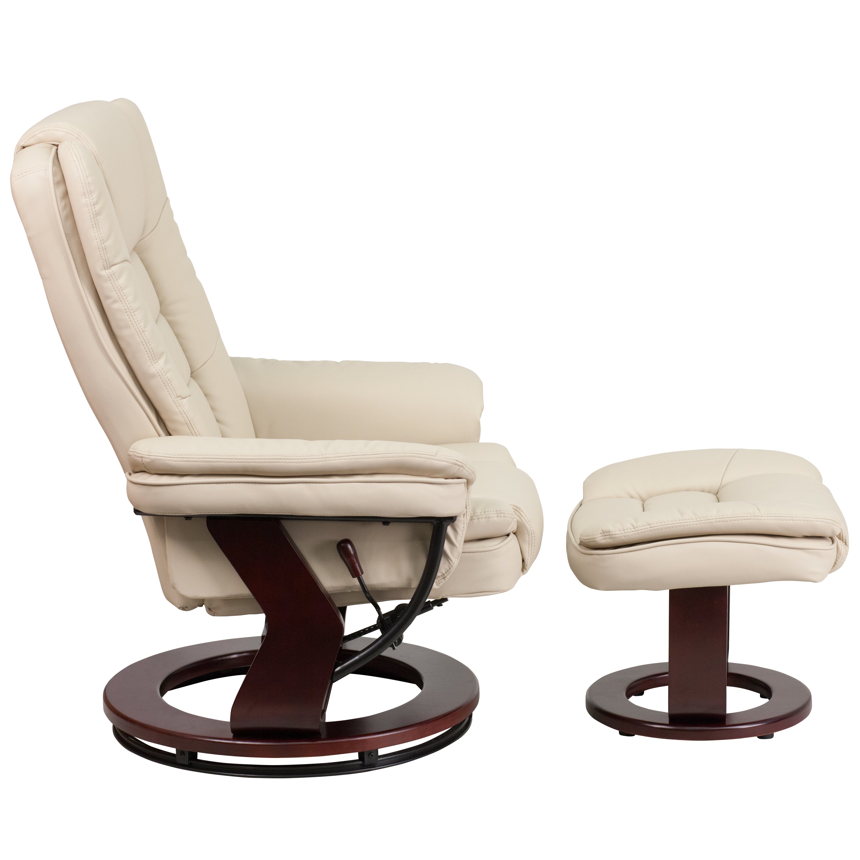 Bali Contemporary Multi-Position Recliner with Horizontal Stitching and Ottoman with Swivel Mahogany Wood Base in Beige LeatherSoft