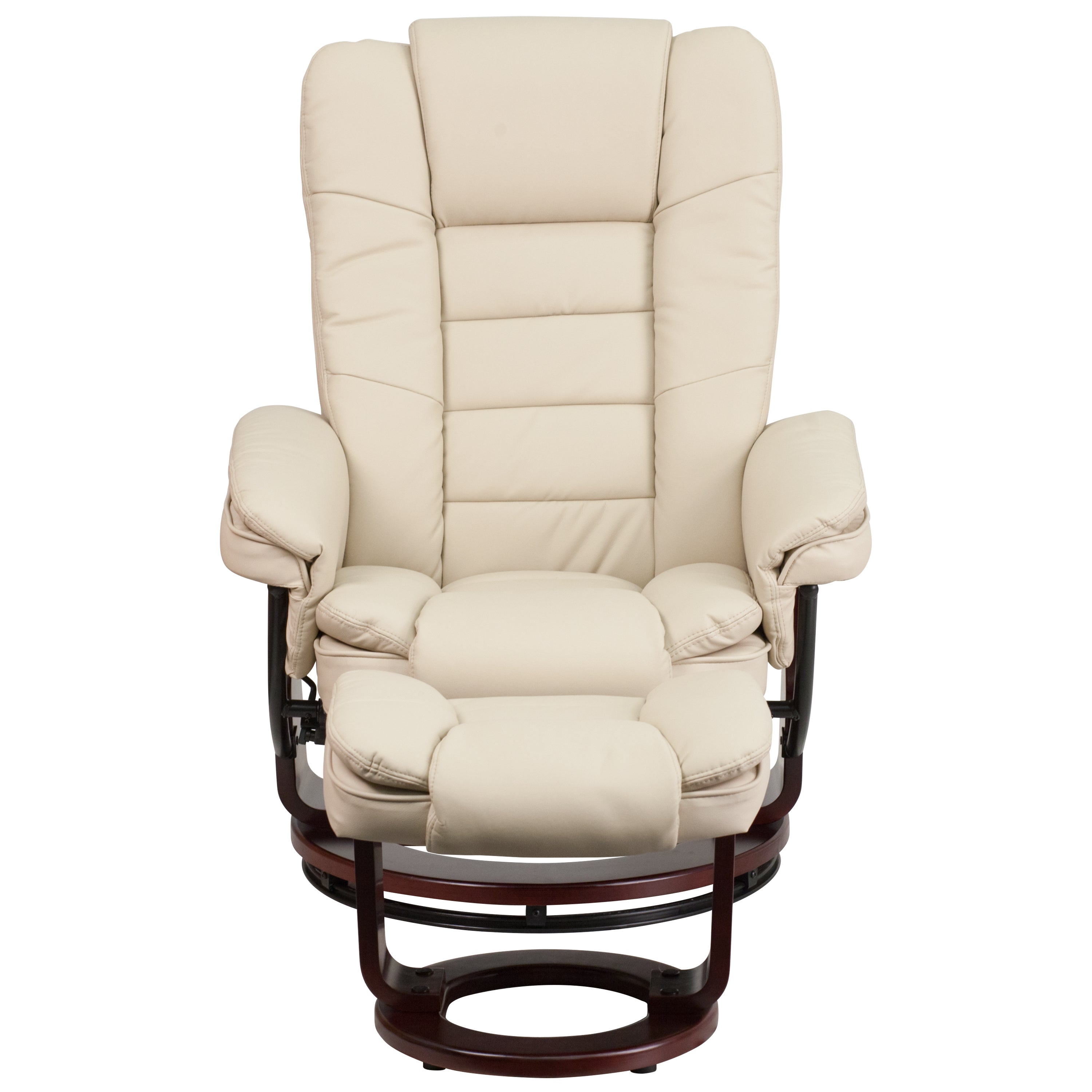 Bali Contemporary Multi-Position Recliner with Horizontal Stitching and Ottoman with Swivel Mahogany Wood Base in Beige LeatherSoft