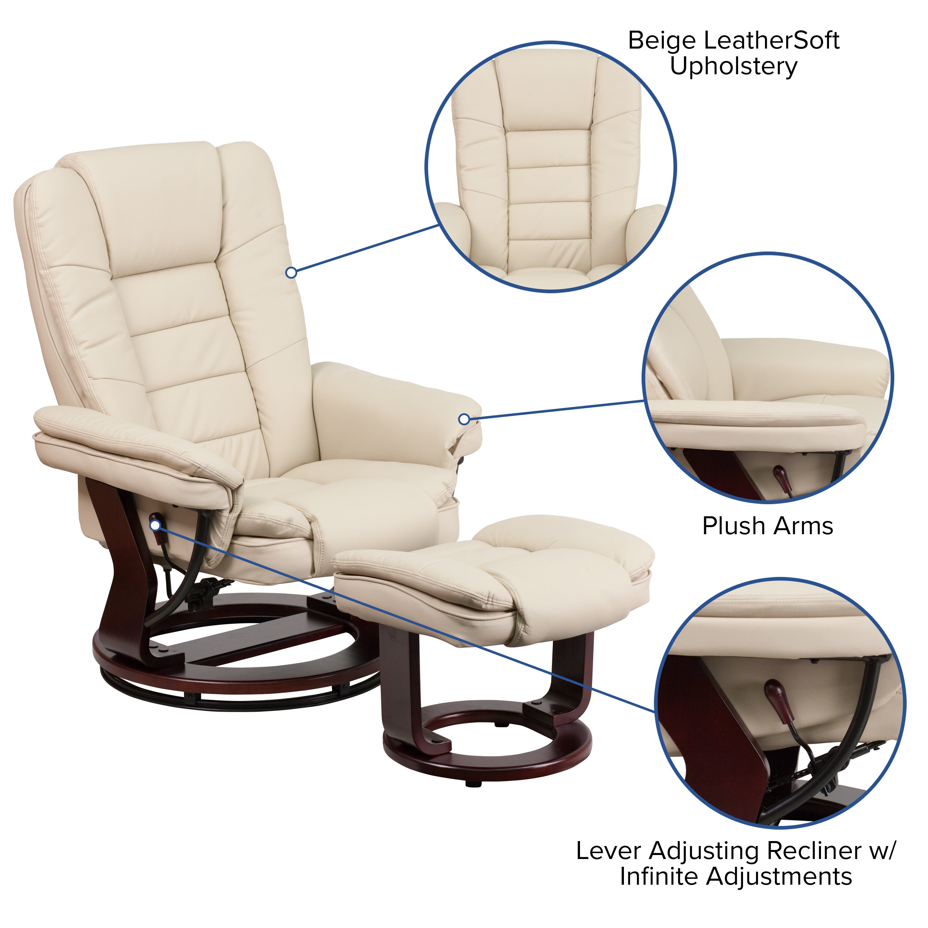 Bali Contemporary Multi-Position Recliner with Horizontal Stitching and Ottoman with Swivel Mahogany Wood Base in Beige LeatherSoft