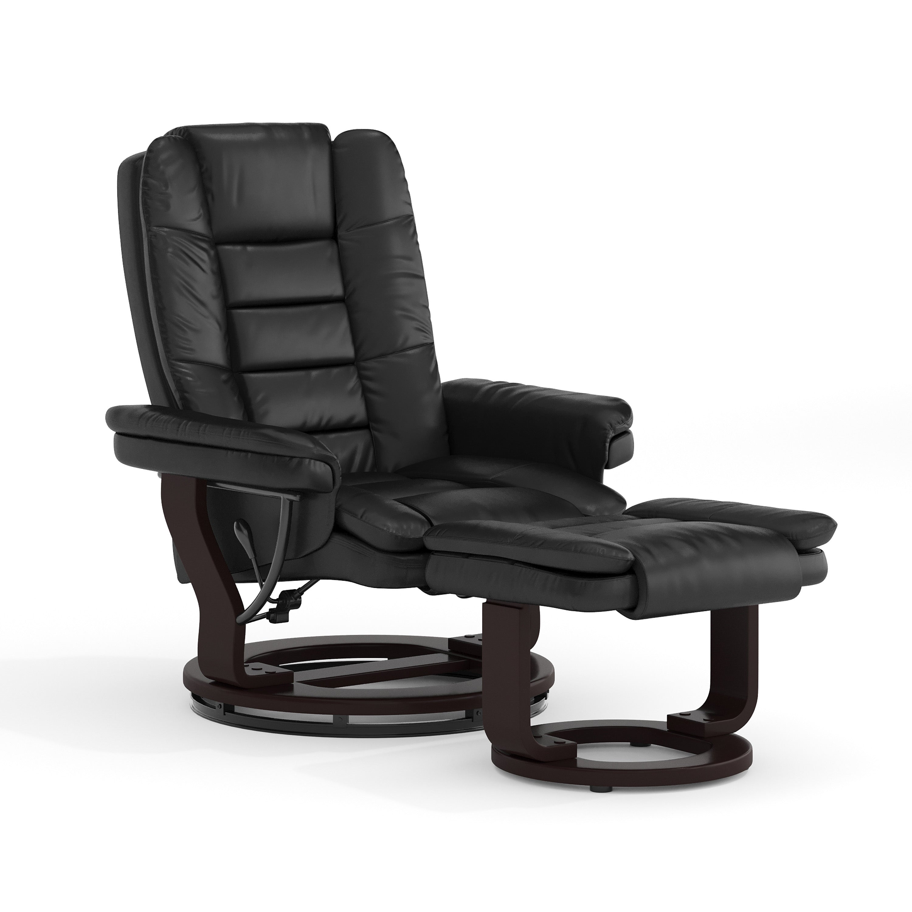 Bali Contemporary Multi-Position Recliner with Horizontal Stitching and Ottoman with Swivel Mahogany Wood Base in Black LeatherSoft