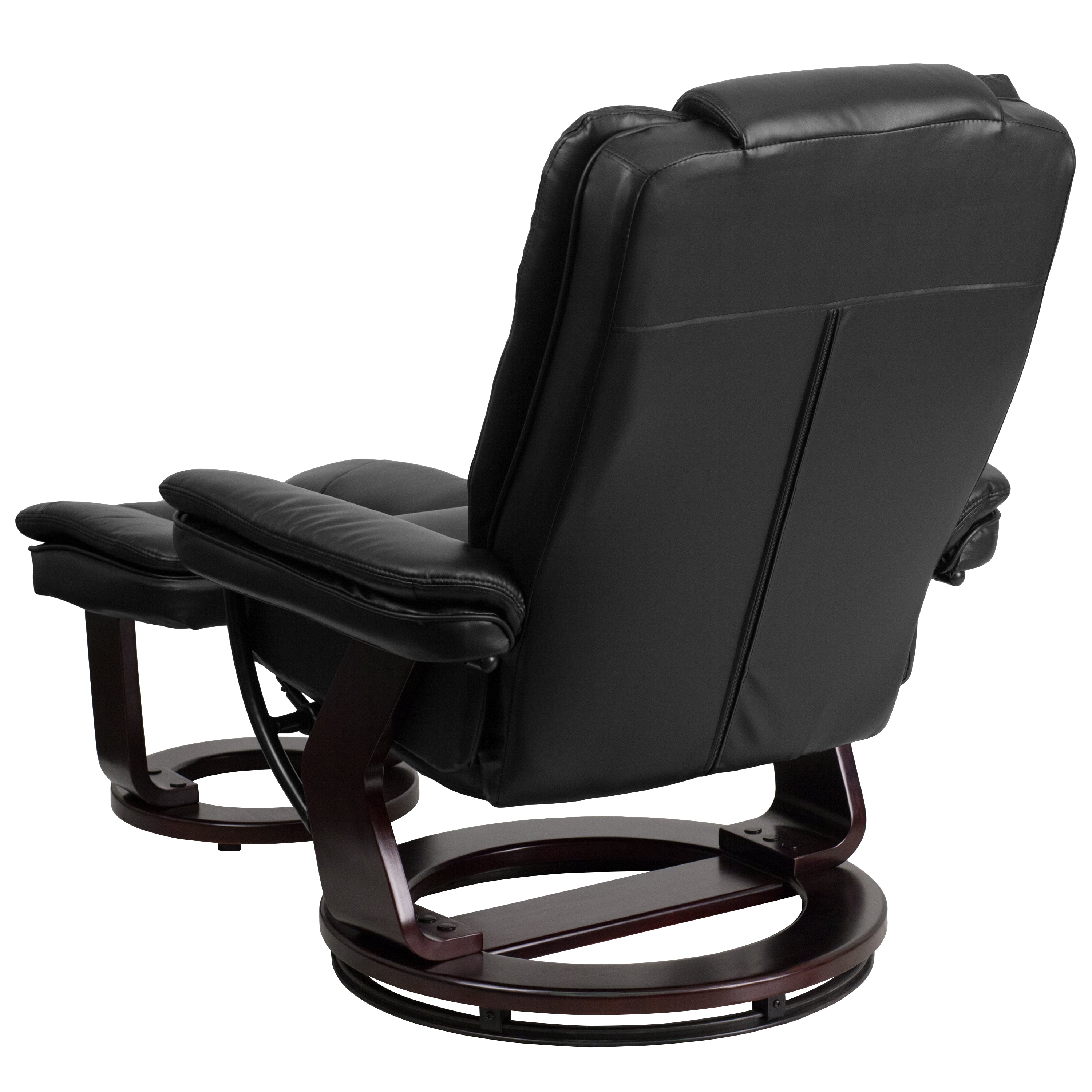 Bali Contemporary Multi-Position Recliner with Horizontal Stitching and Ottoman with Swivel Mahogany Wood Base in Black LeatherSoft