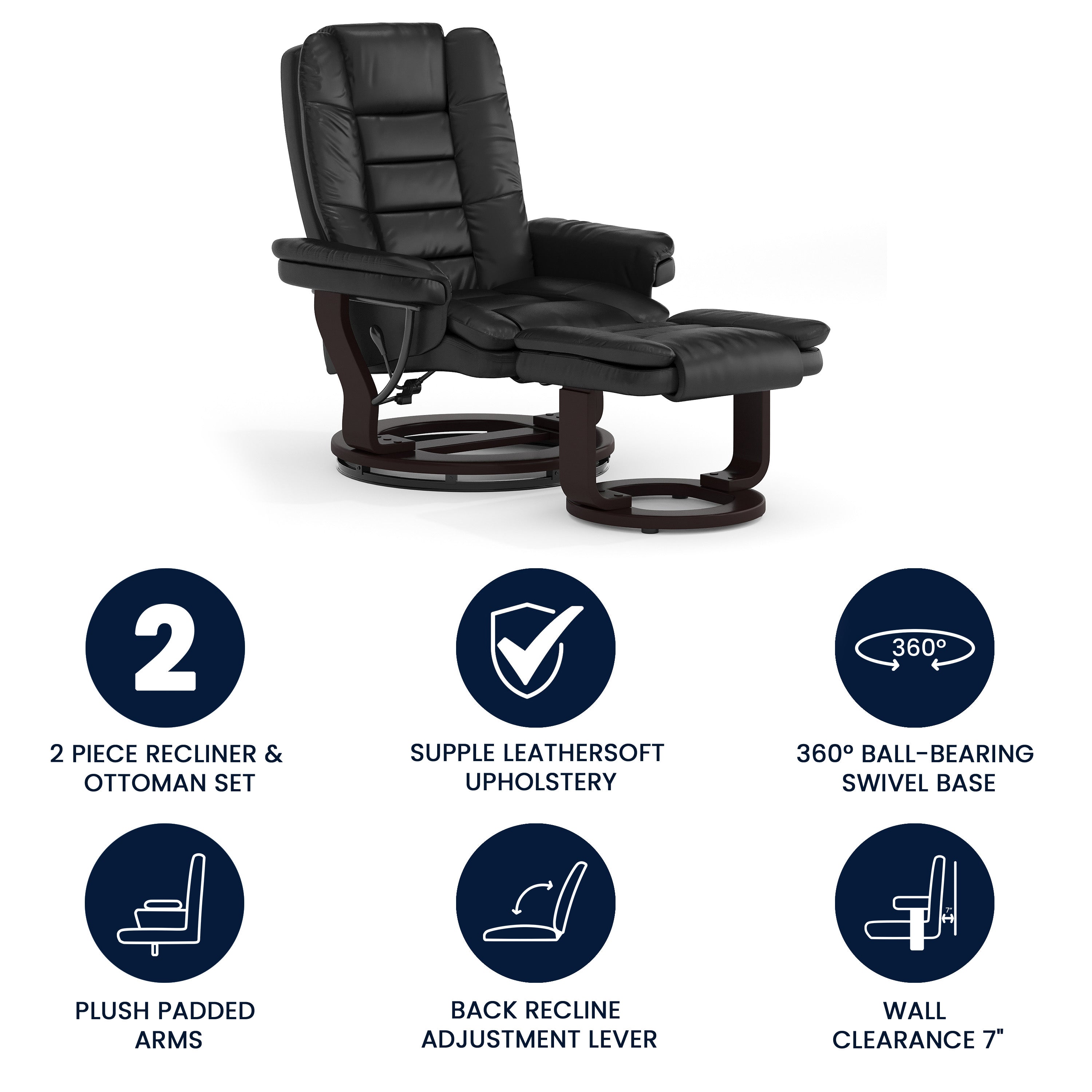 Bali Contemporary Multi-Position Recliner with Horizontal Stitching and Ottoman with Swivel Mahogany Wood Base in Black LeatherSoft