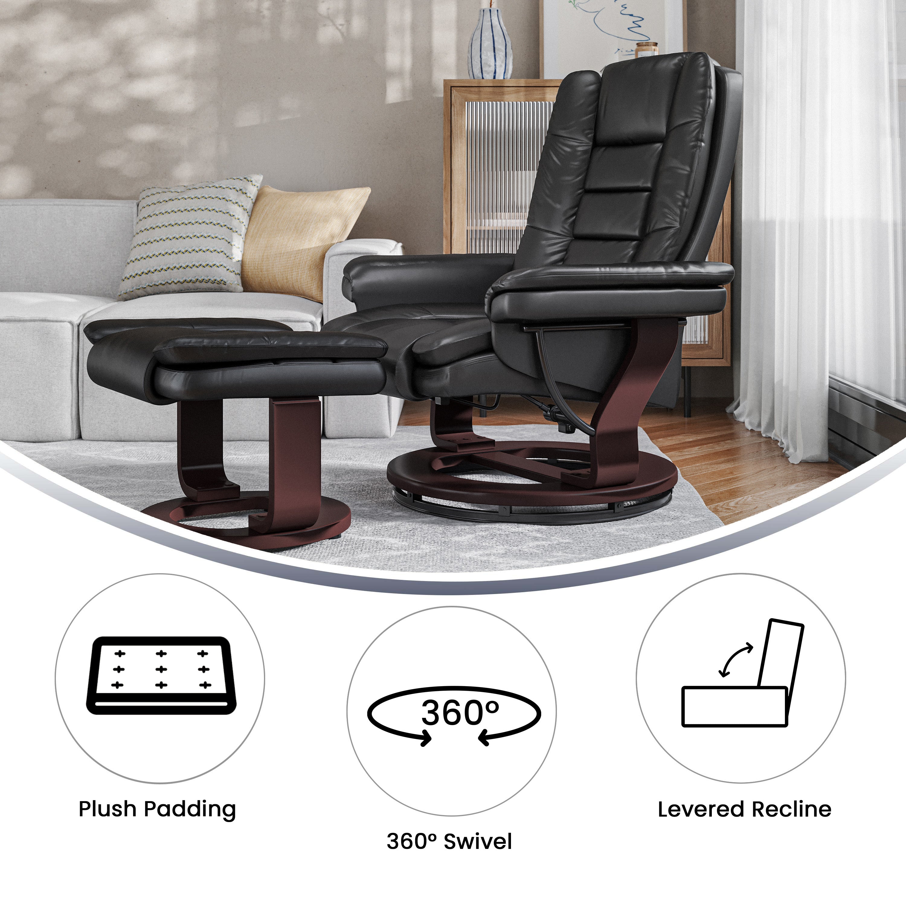 Bali Contemporary Multi-Position Recliner with Horizontal Stitching and Ottoman with Swivel Mahogany Wood Base in Black LeatherSoft