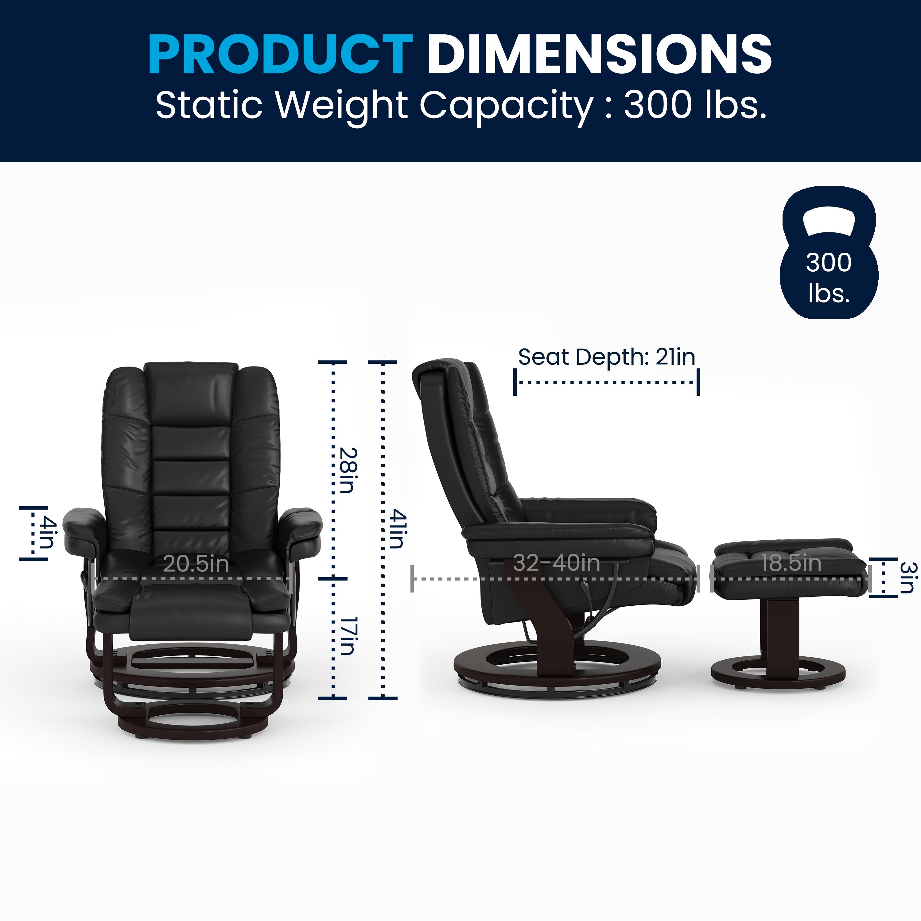 Bali Contemporary Multi-Position Recliner with Horizontal Stitching and Ottoman with Swivel Mahogany Wood Base in Black LeatherSoft