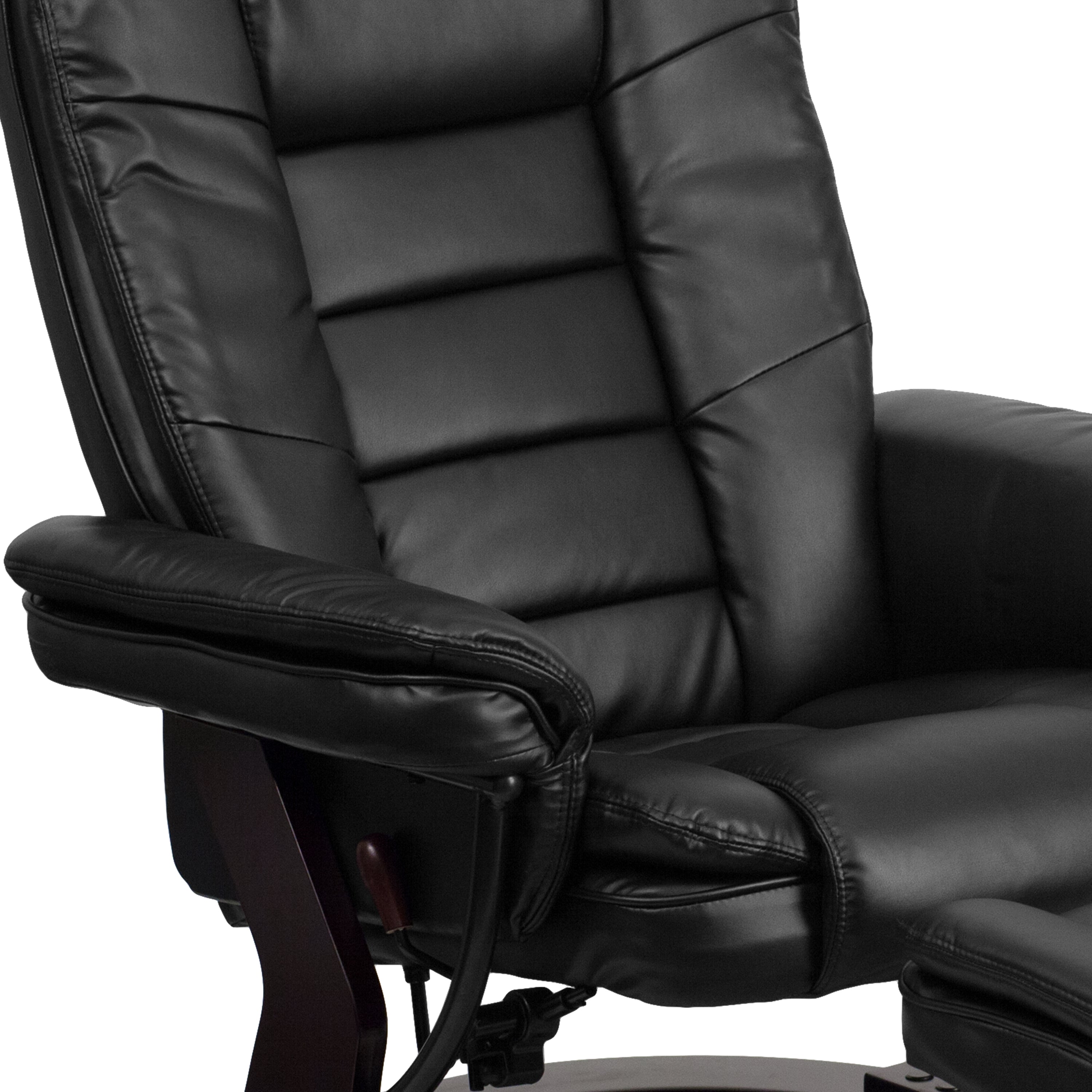 Bali Contemporary Multi-Position Recliner with Horizontal Stitching and Ottoman with Swivel Mahogany Wood Base in Black LeatherSoft