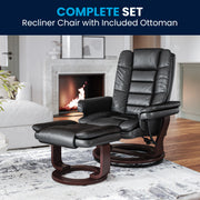 Bali Contemporary Multi-Position Recliner with Horizontal Stitching and Ottoman with Swivel Mahogany Wood Base in Black LeatherSoft