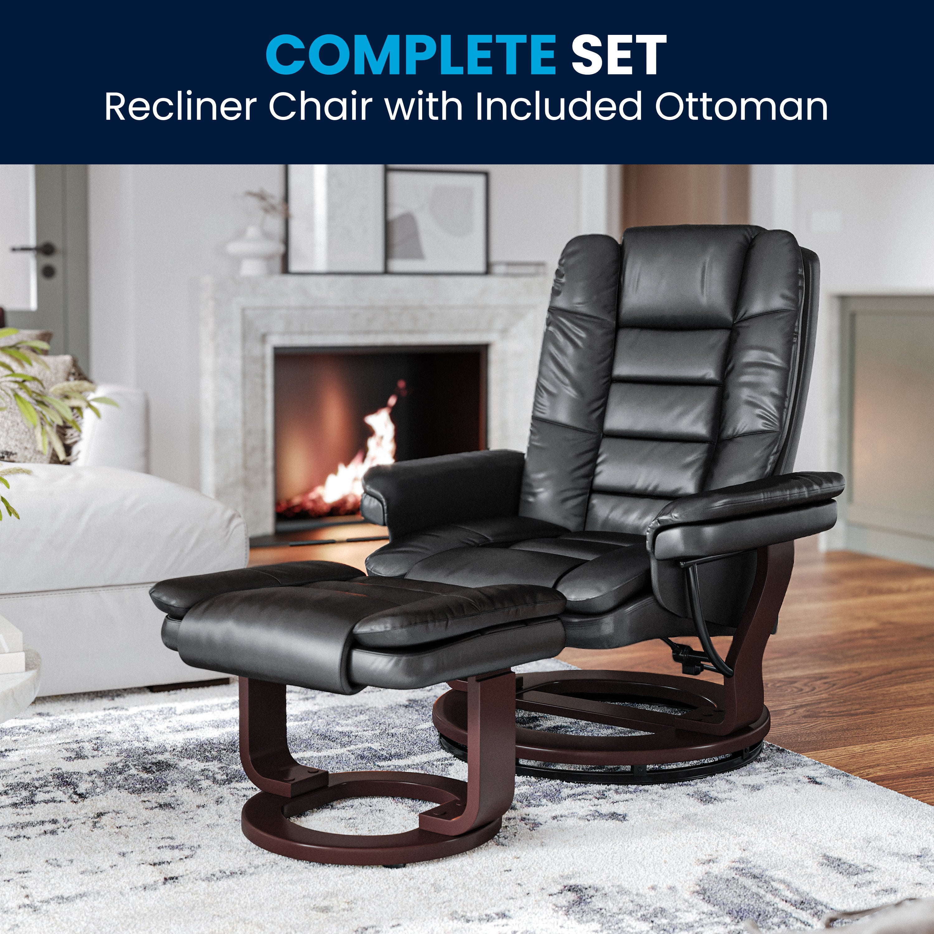 Bali Contemporary Multi-Position Recliner with Horizontal Stitching and Ottoman with Swivel Mahogany Wood Base in Black LeatherSoft