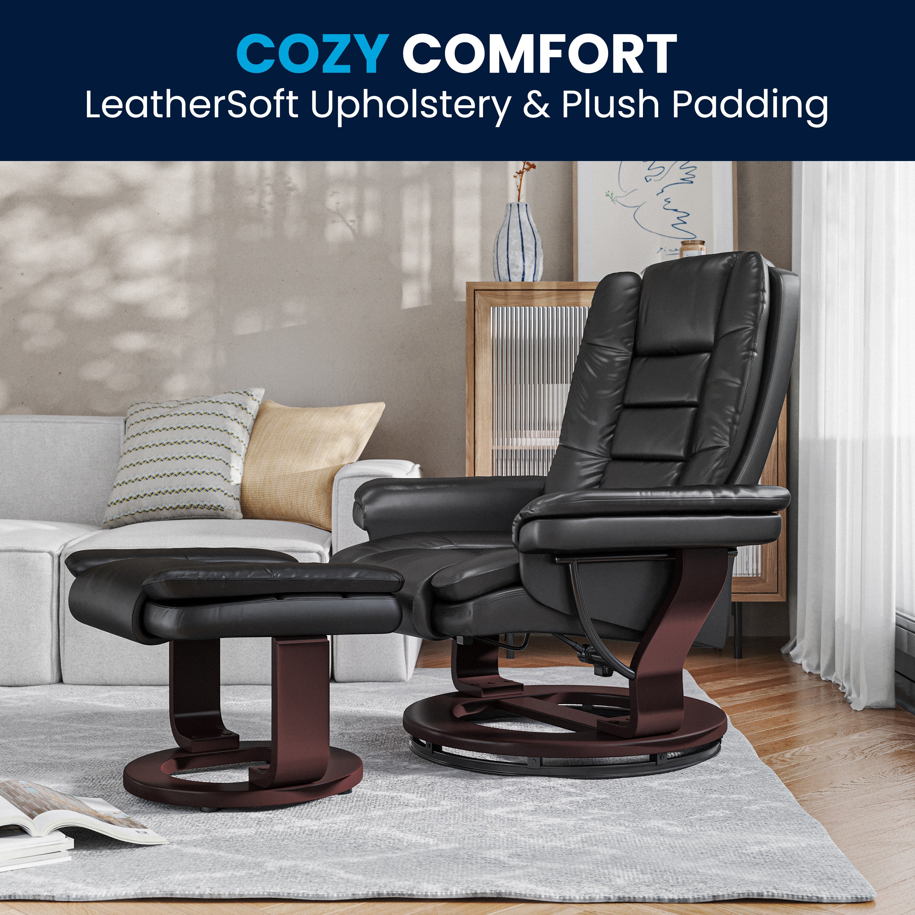 Bali Contemporary Multi-Position Recliner with Horizontal Stitching and Ottoman with Swivel Mahogany Wood Base in Black LeatherSoft