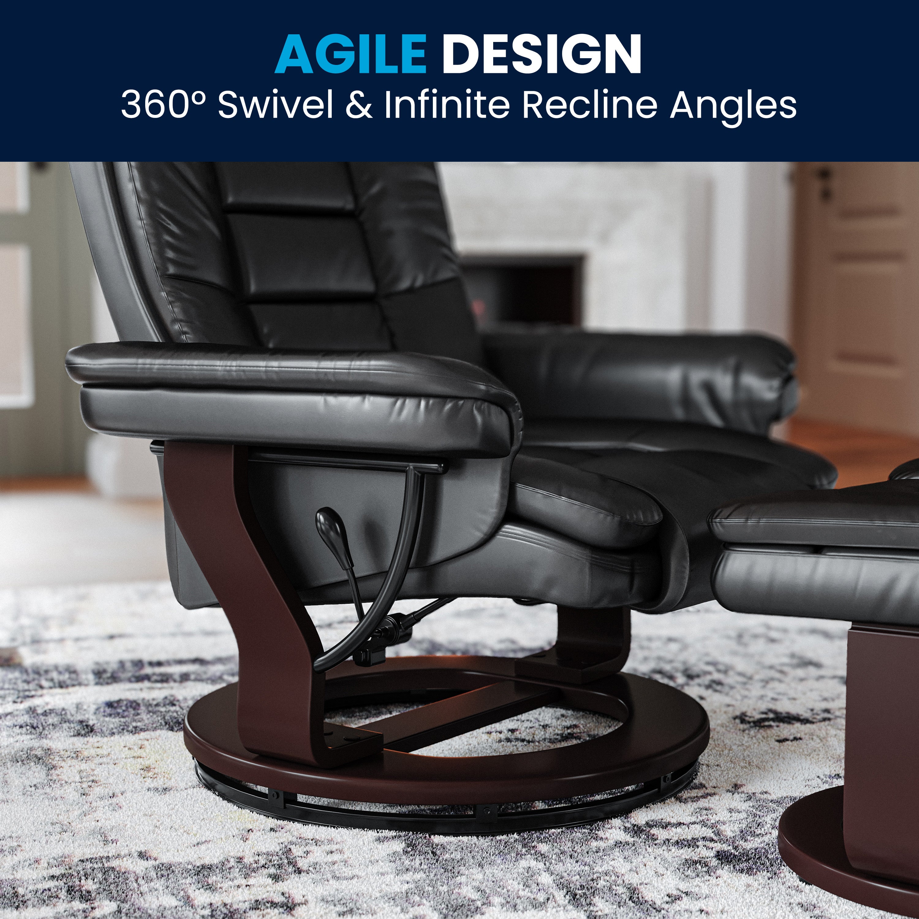 Bali Contemporary Multi-Position Recliner with Horizontal Stitching and Ottoman with Swivel Mahogany Wood Base in Black LeatherSoft