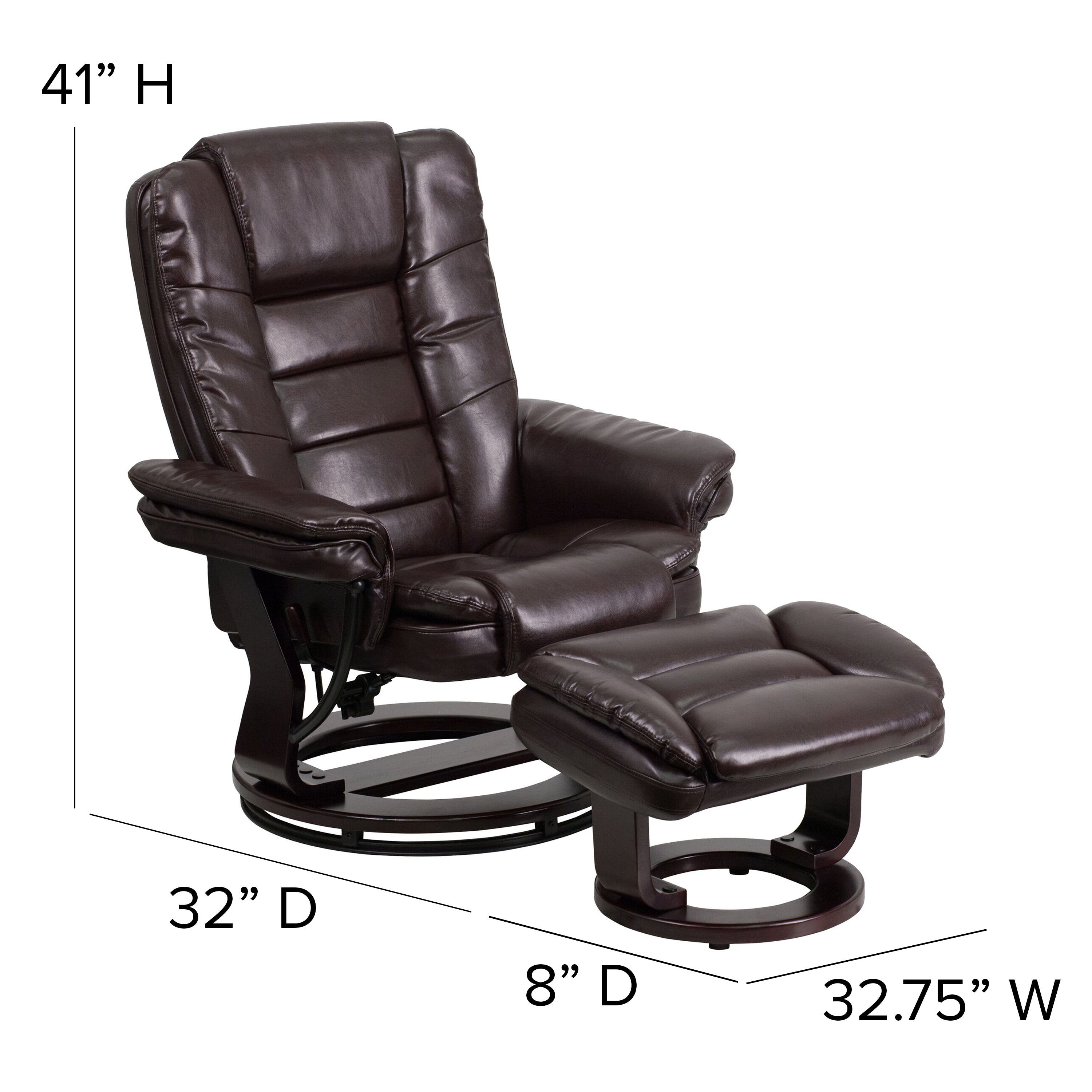 Bali Contemporary Multi-Position Recliner with Horizontal Stitching and Ottoman with Swivel Mahogany Wood Base in Brown LeatherSoft