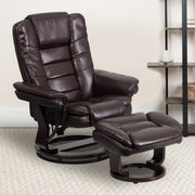 Bali Contemporary Multi-Position Recliner with Horizontal Stitching and Ottoman with Swivel Mahogany Wood Base in Brown LeatherSoft