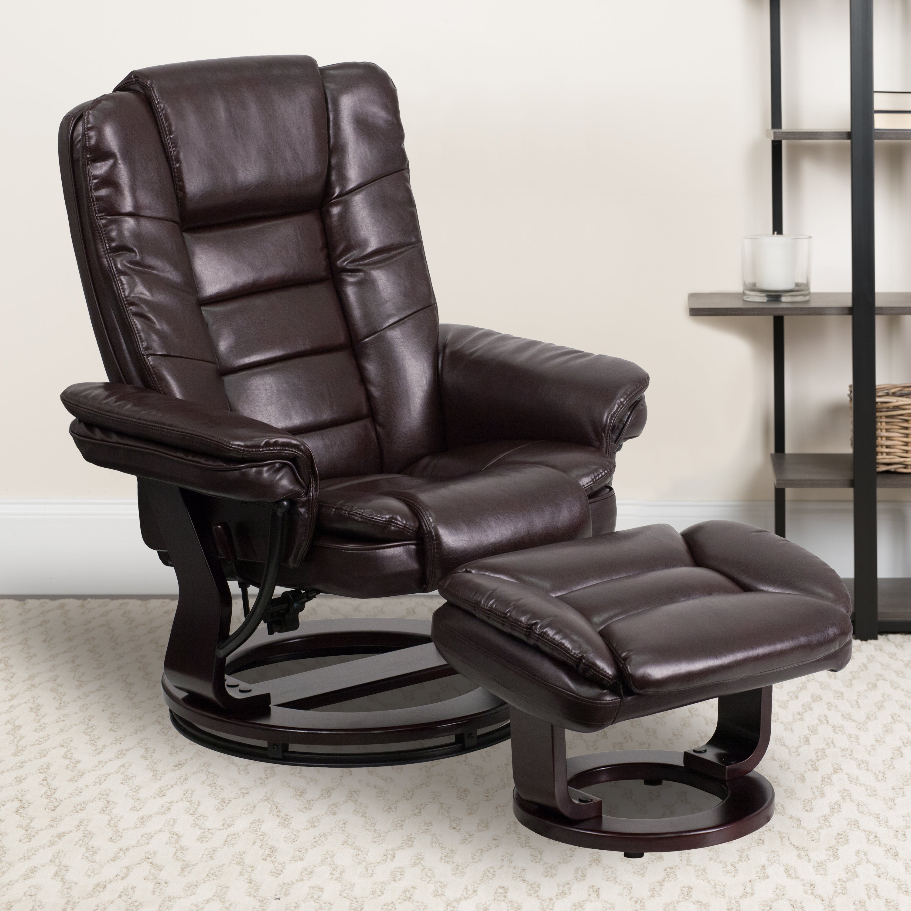 Bali Contemporary Multi-Position Recliner with Horizontal Stitching and Ottoman with Swivel Mahogany Wood Base in Brown LeatherSoft