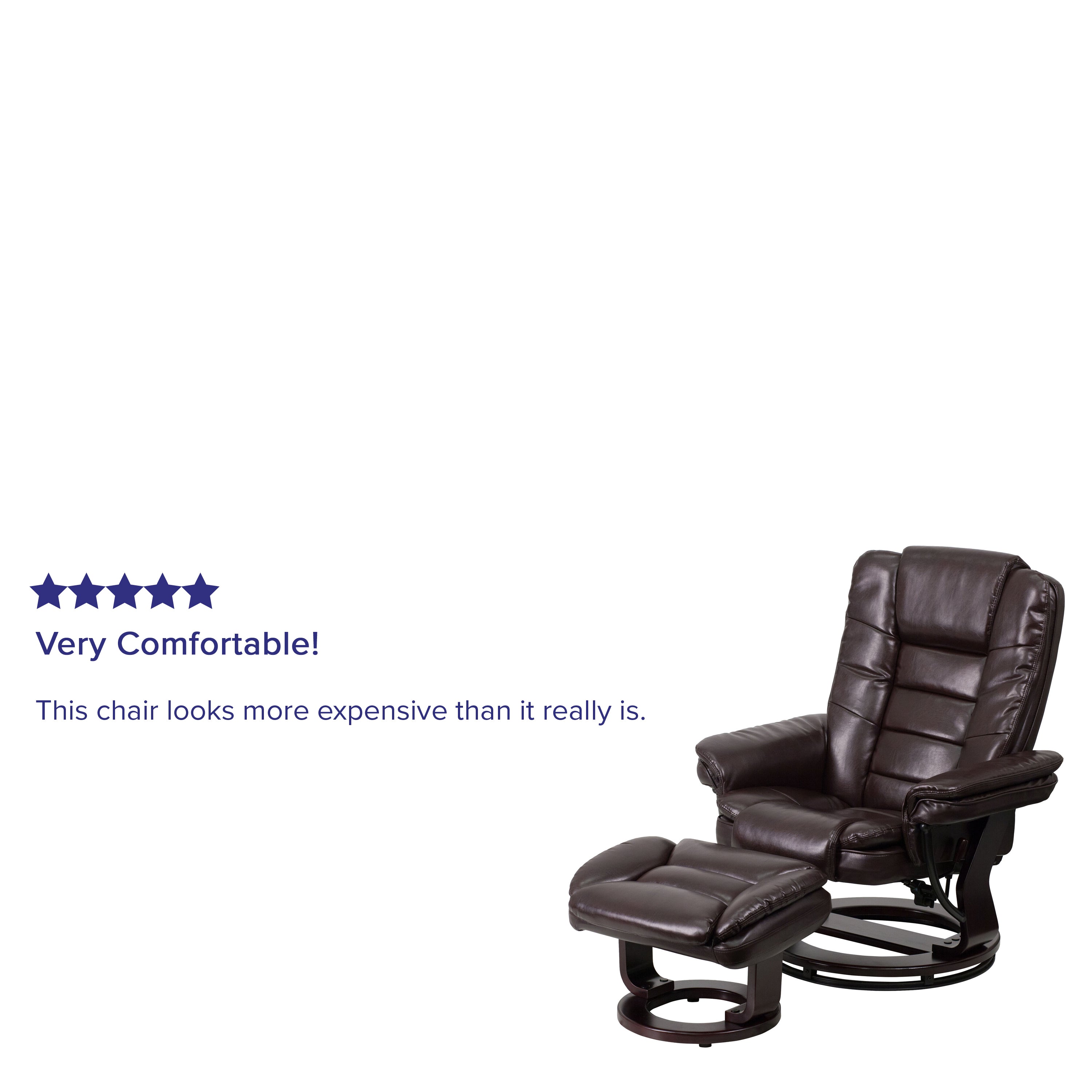 Bali Contemporary Multi-Position Recliner with Horizontal Stitching and Ottoman with Swivel Mahogany Wood Base in Brown LeatherSoft