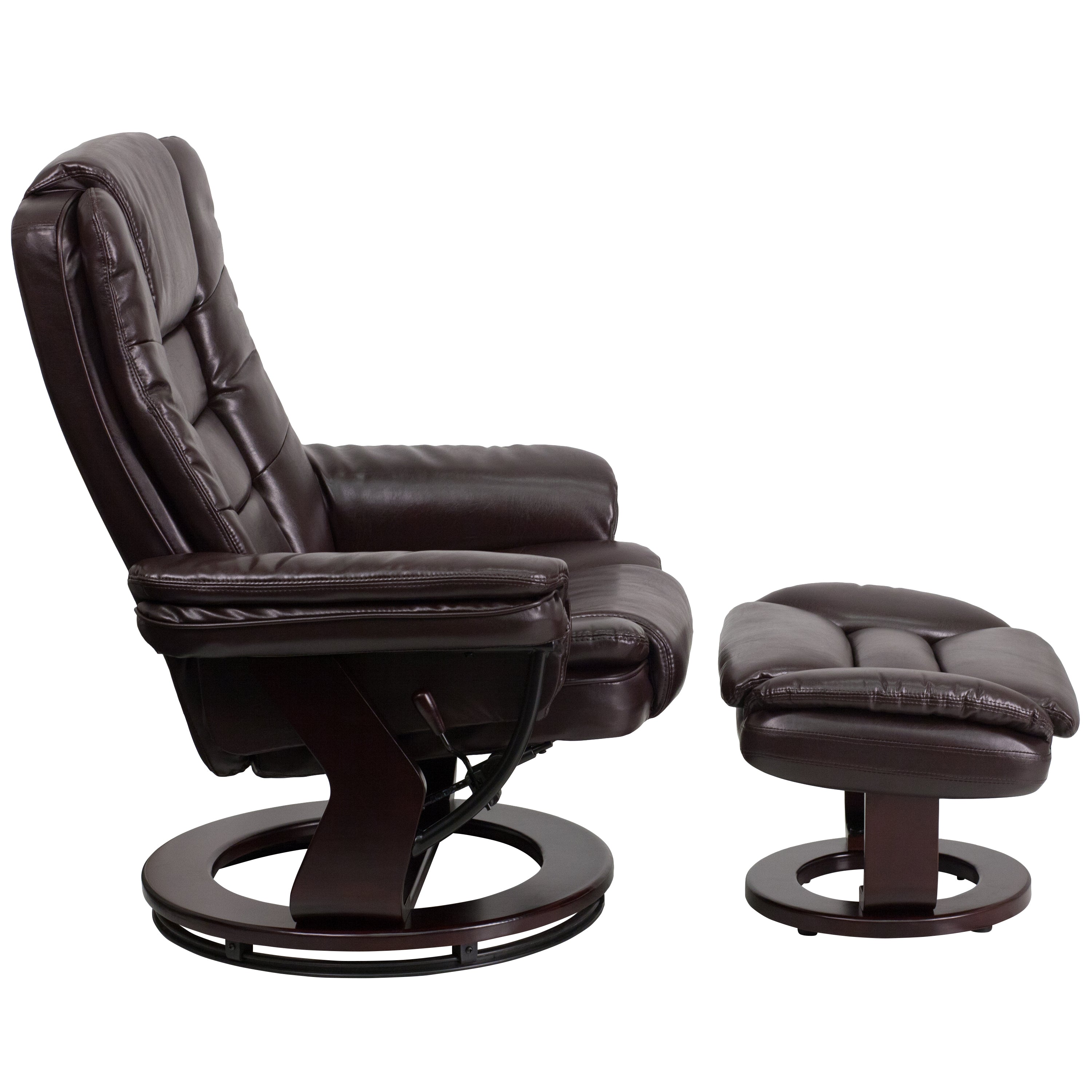 Bali Contemporary Multi-Position Recliner with Horizontal Stitching and Ottoman with Swivel Mahogany Wood Base in Brown LeatherSoft
