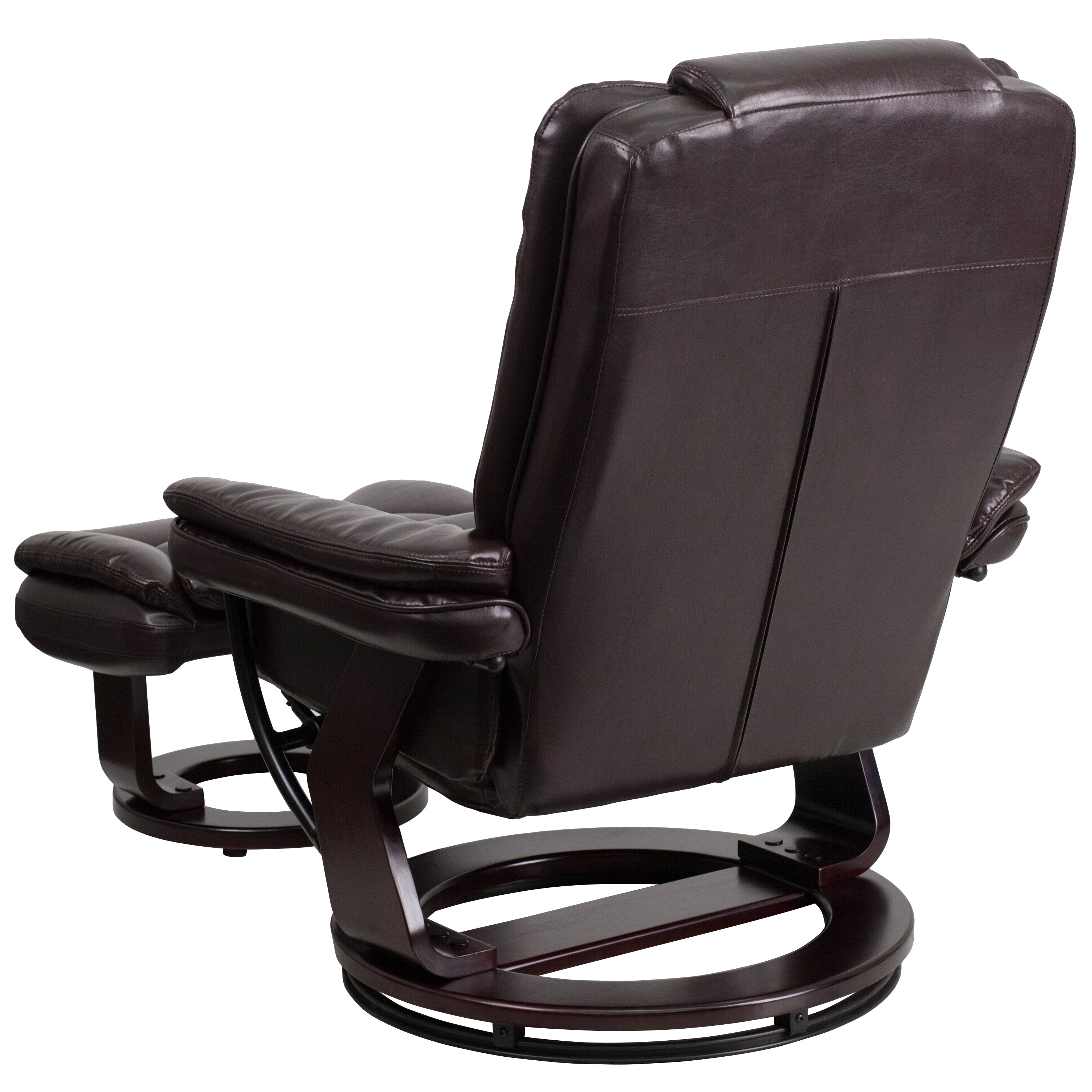 Bali Contemporary Multi-Position Recliner with Horizontal Stitching and Ottoman with Swivel Mahogany Wood Base in Brown LeatherSoft