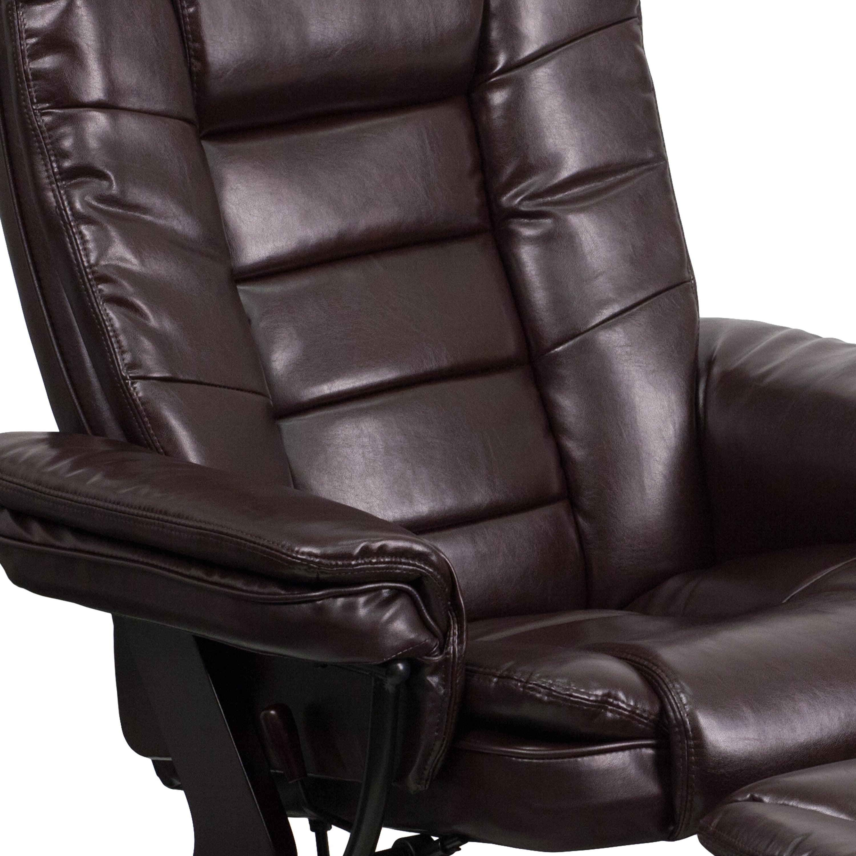 Bali Contemporary Multi-Position Recliner with Horizontal Stitching and Ottoman with Swivel Mahogany Wood Base in Brown LeatherSoft