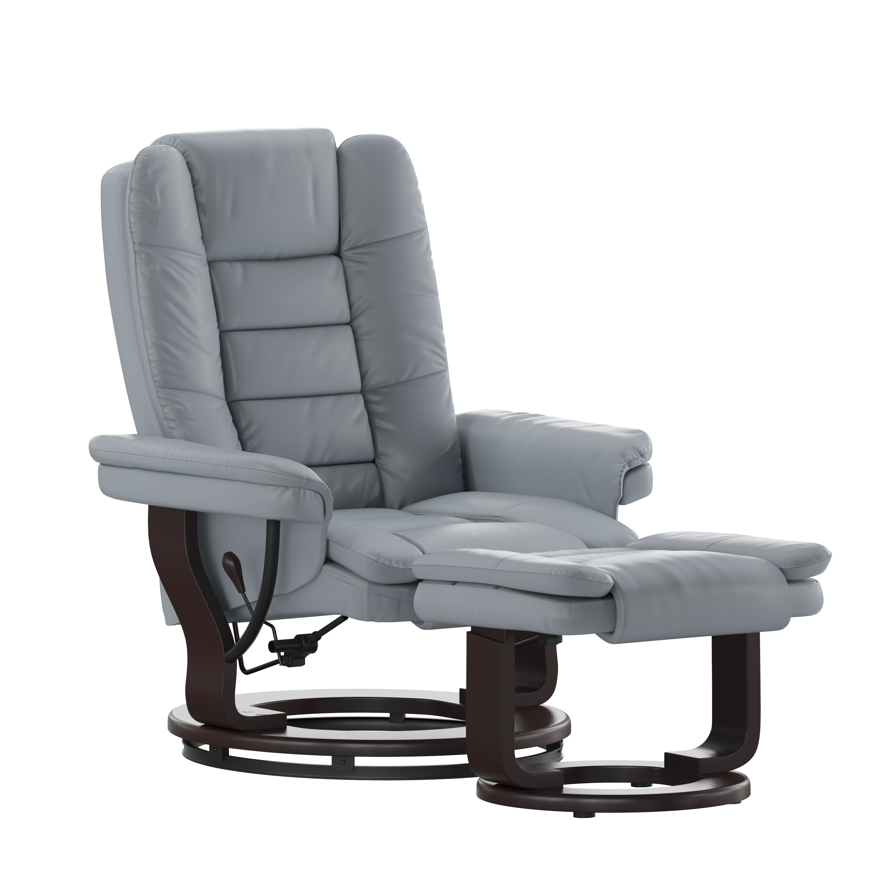 Bali Contemporary Multi-Position Recliner with Horizontal Stitching and Ottoman with Swivel Mahogany Wood Base in Gray LeatherSoft