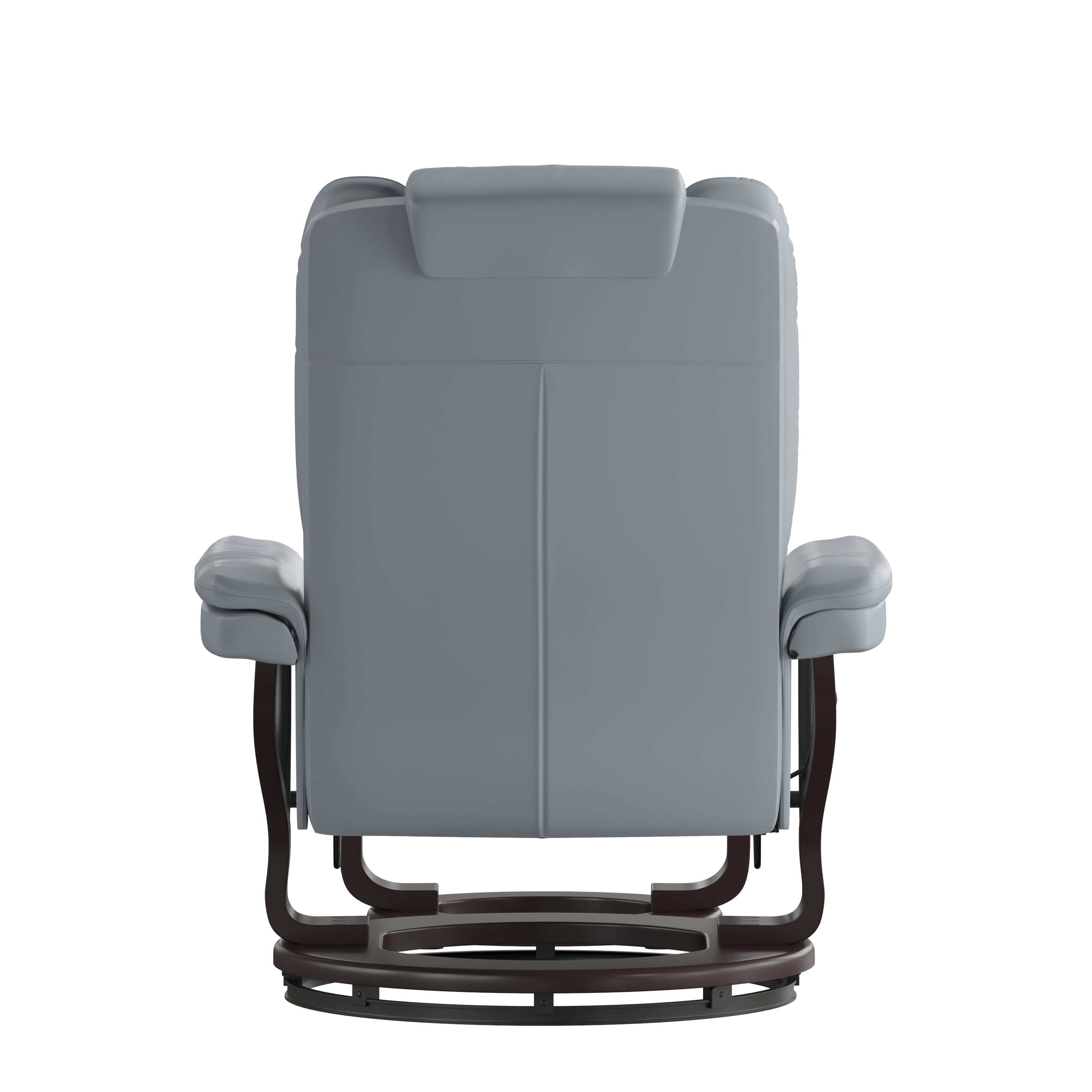 Bali Contemporary Multi-Position Recliner with Horizontal Stitching and Ottoman with Swivel Mahogany Wood Base in Gray LeatherSoft
