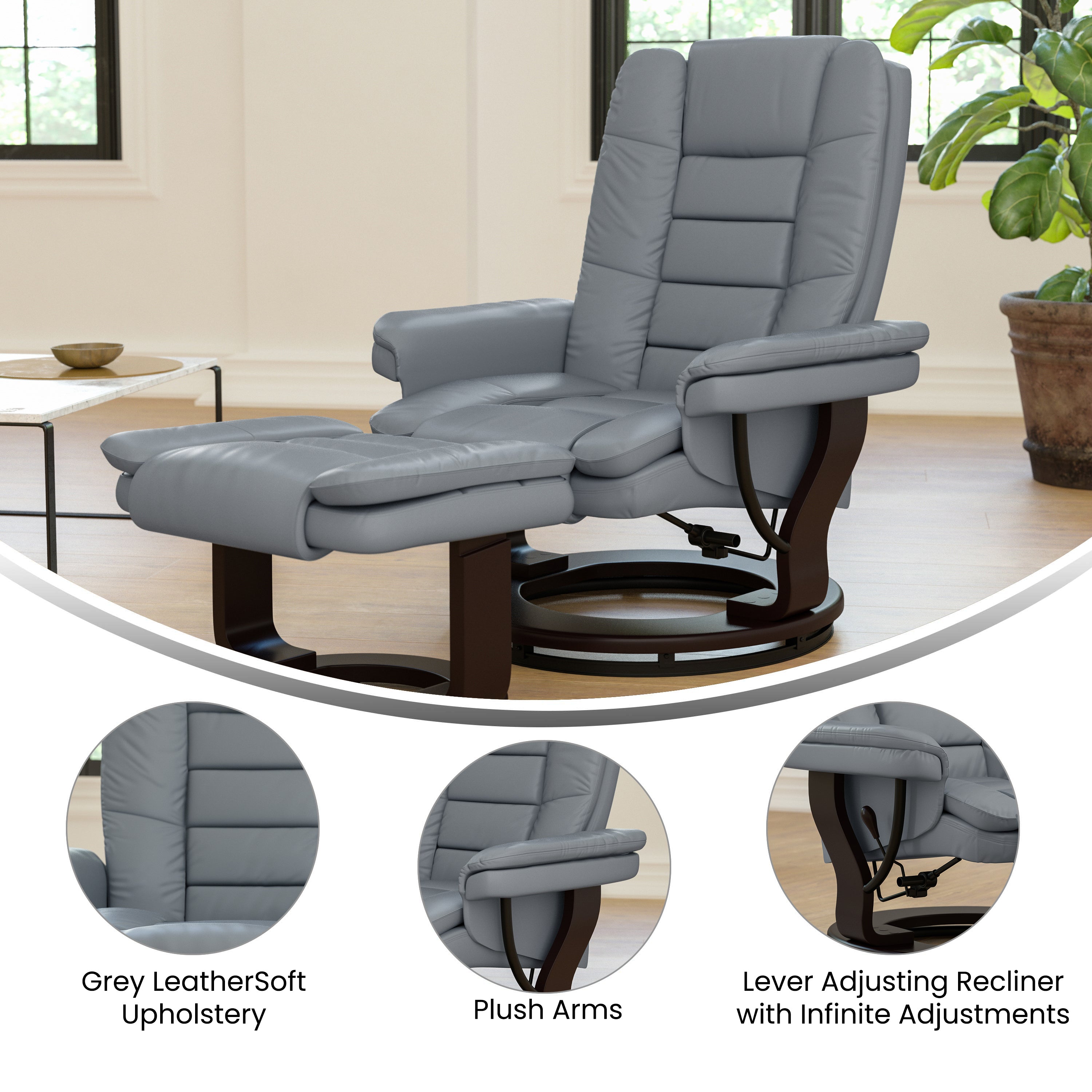 Bali Contemporary Multi-Position Recliner with Horizontal Stitching and Ottoman with Swivel Mahogany Wood Base in Gray LeatherSoft