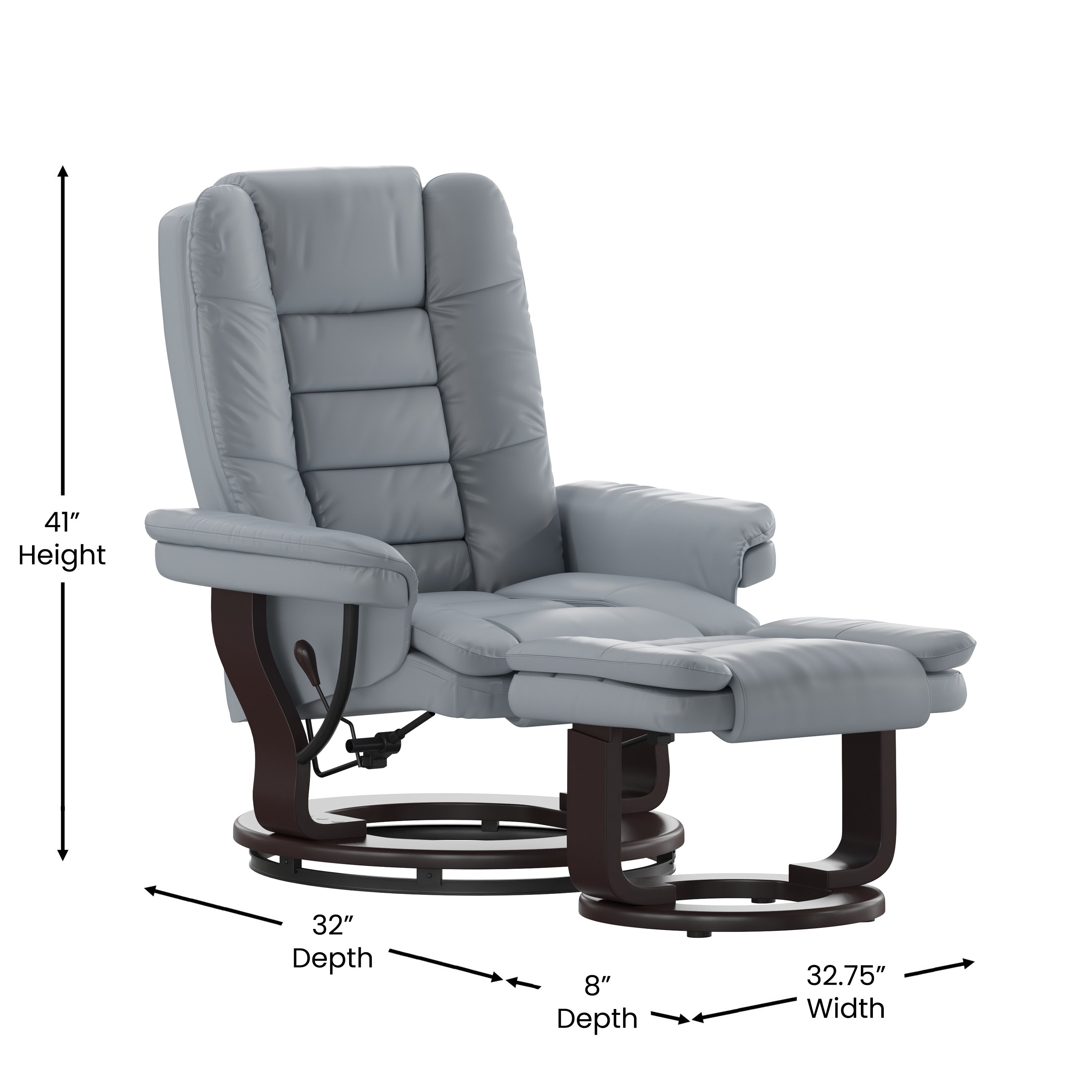 Bali Contemporary Multi-Position Recliner with Horizontal Stitching and Ottoman with Swivel Mahogany Wood Base in Gray LeatherSoft