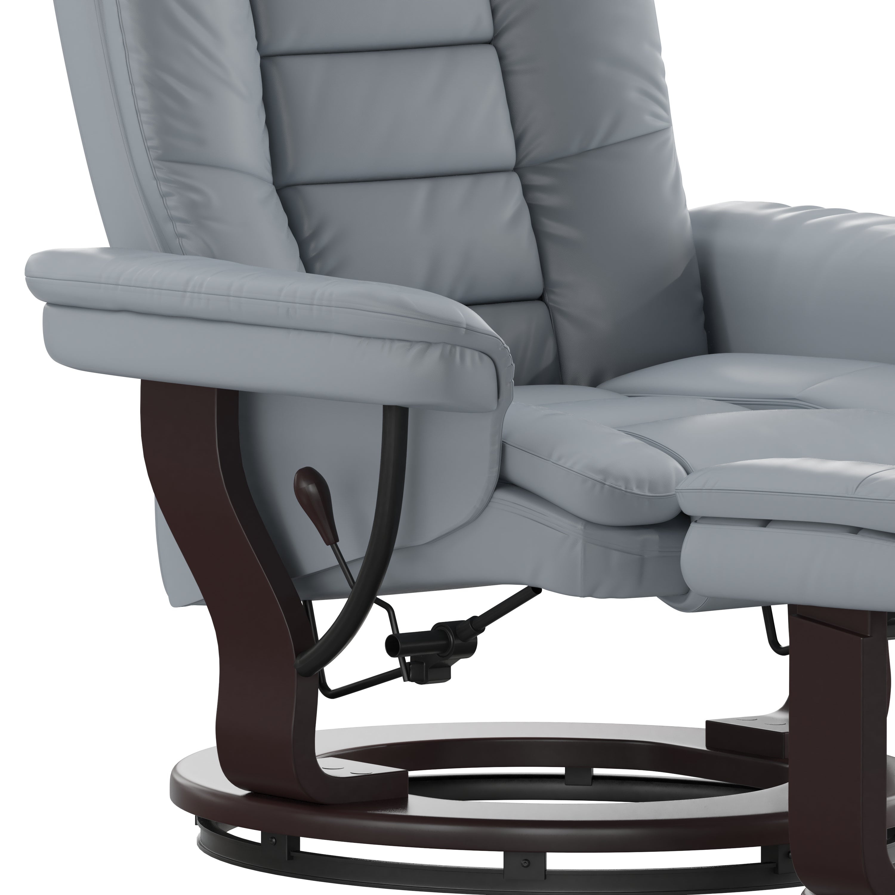 Bali Contemporary Multi-Position Recliner with Horizontal Stitching and Ottoman with Swivel Mahogany Wood Base in Gray LeatherSoft
