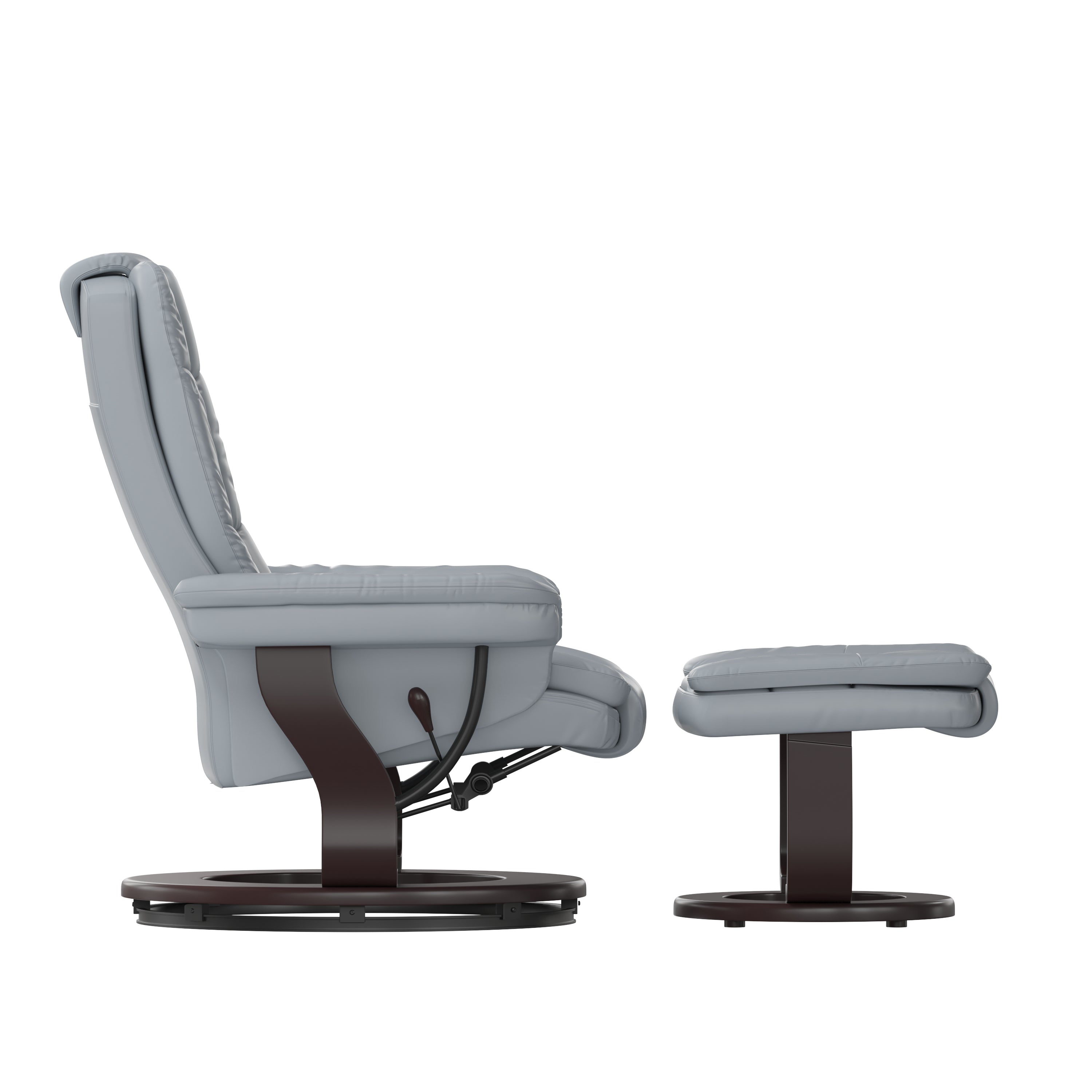 Bali Contemporary Multi-Position Recliner with Horizontal Stitching and Ottoman with Swivel Mahogany Wood Base in Gray LeatherSoft