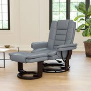 Bali Contemporary Multi-Position Recliner with Horizontal Stitching and Ottoman with Swivel Mahogany Wood Base in Gray LeatherSoft