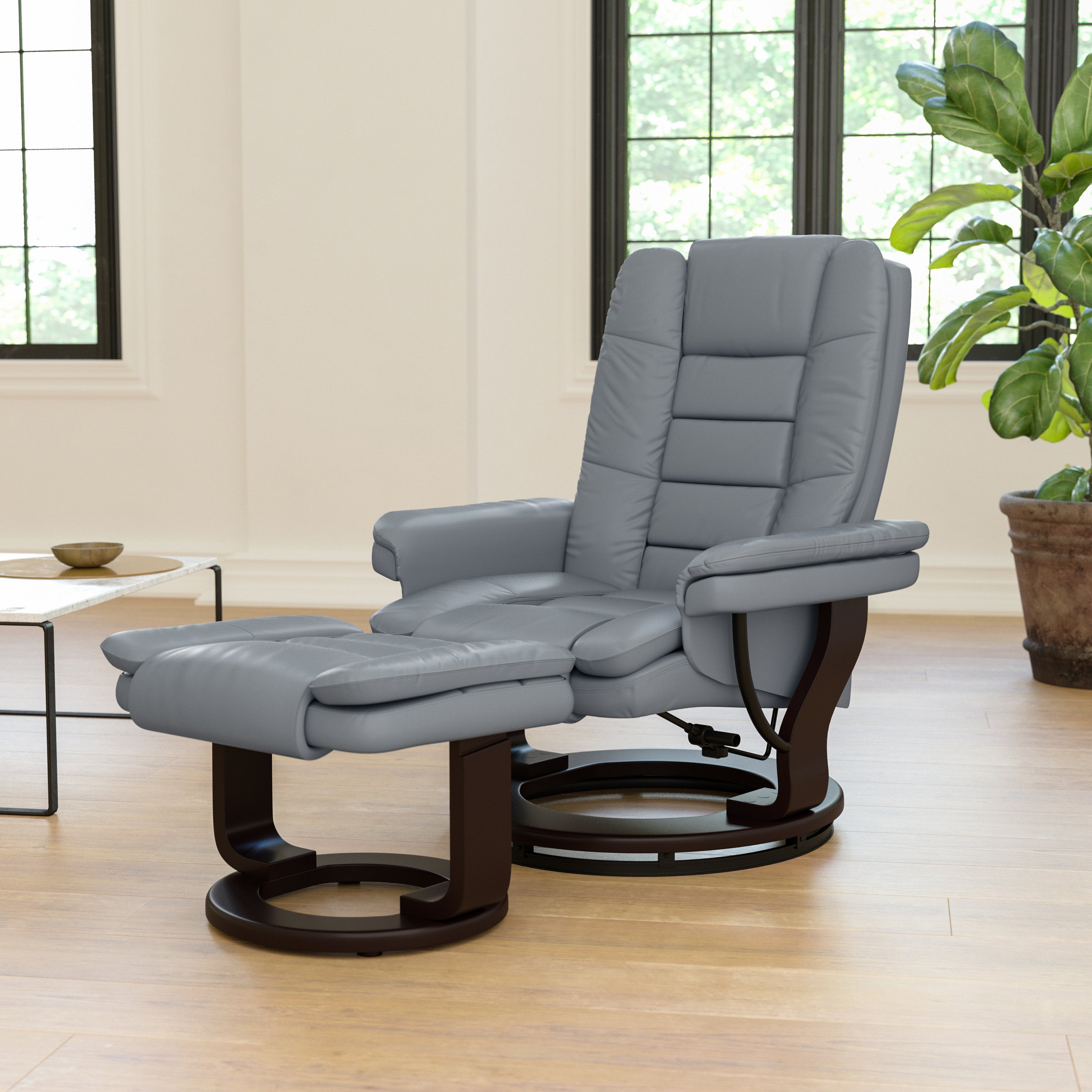 Bali Contemporary Multi-Position Recliner with Horizontal Stitching and Ottoman with Swivel Mahogany Wood Base in Gray LeatherSoft
