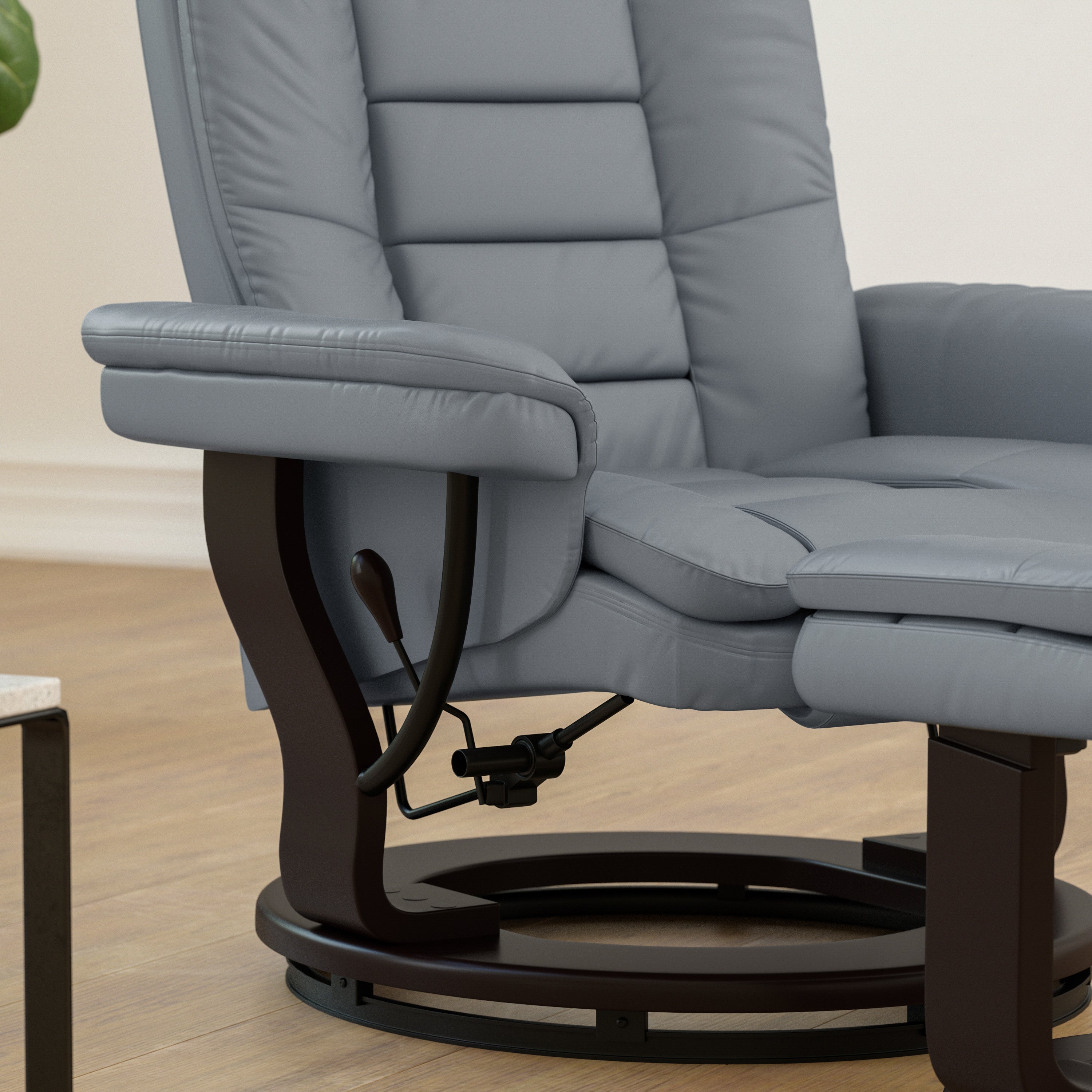 Bali Contemporary Multi-Position Recliner with Horizontal Stitching and Ottoman with Swivel Mahogany Wood Base in Gray LeatherSoft