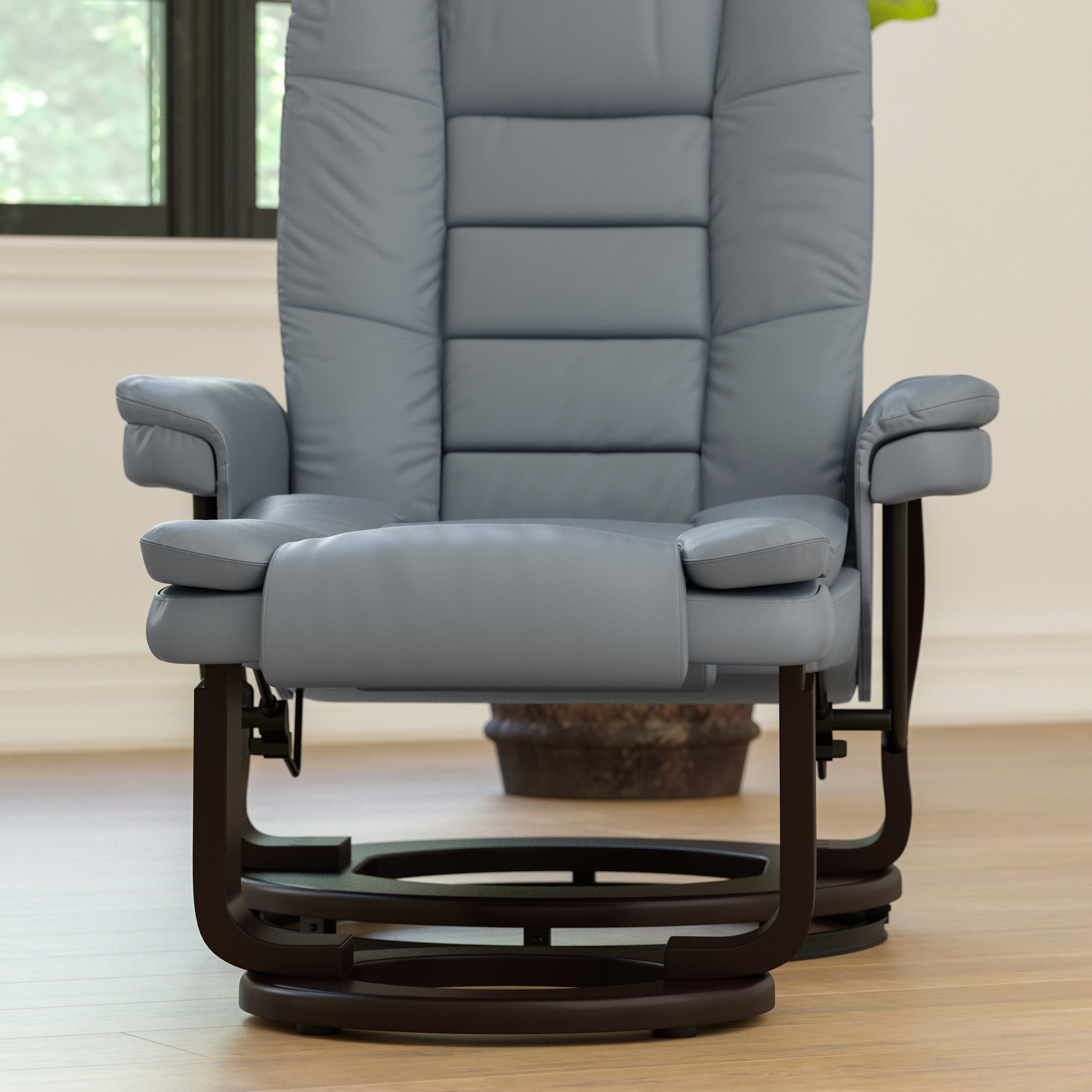 Bali Contemporary Multi-Position Recliner with Horizontal Stitching and Ottoman with Swivel Mahogany Wood Base in Gray LeatherSoft