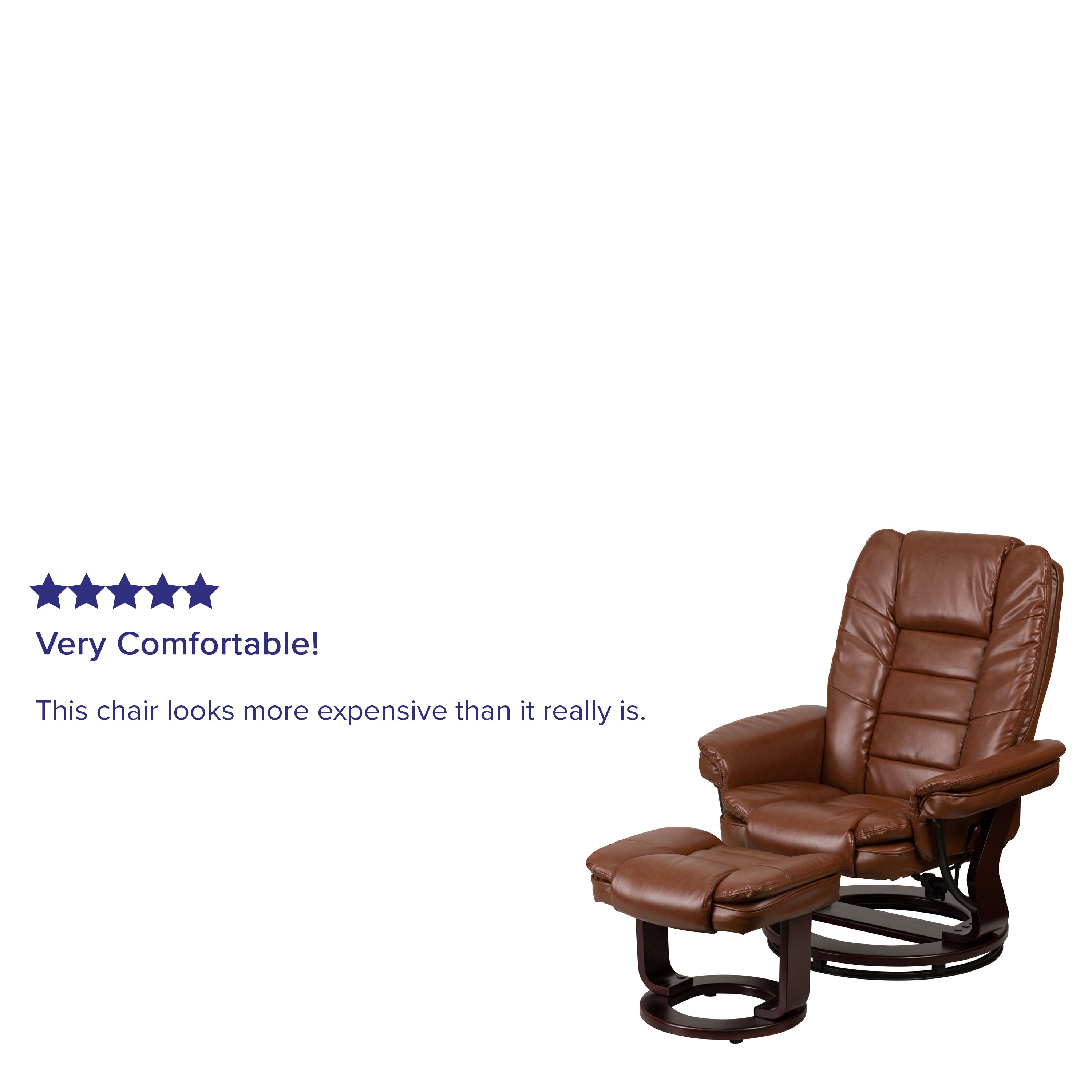 Bali Contemporary Multi-Position Recliner with Horizontal Stitching and Ottoman with Swivel Mahogany Wood Base in Brown Vintage Leather